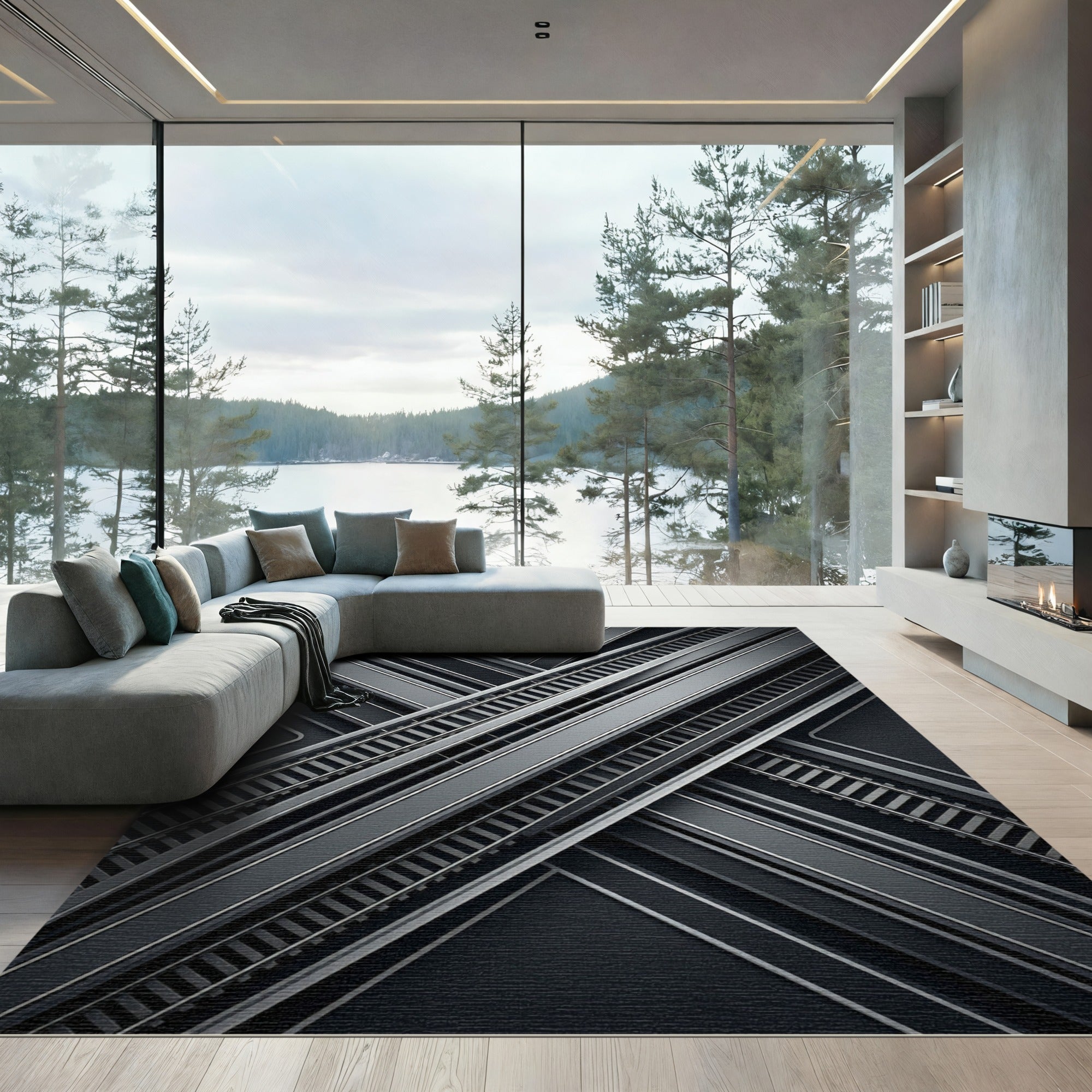 Dark Gray Intersecting Railway Lines Rug