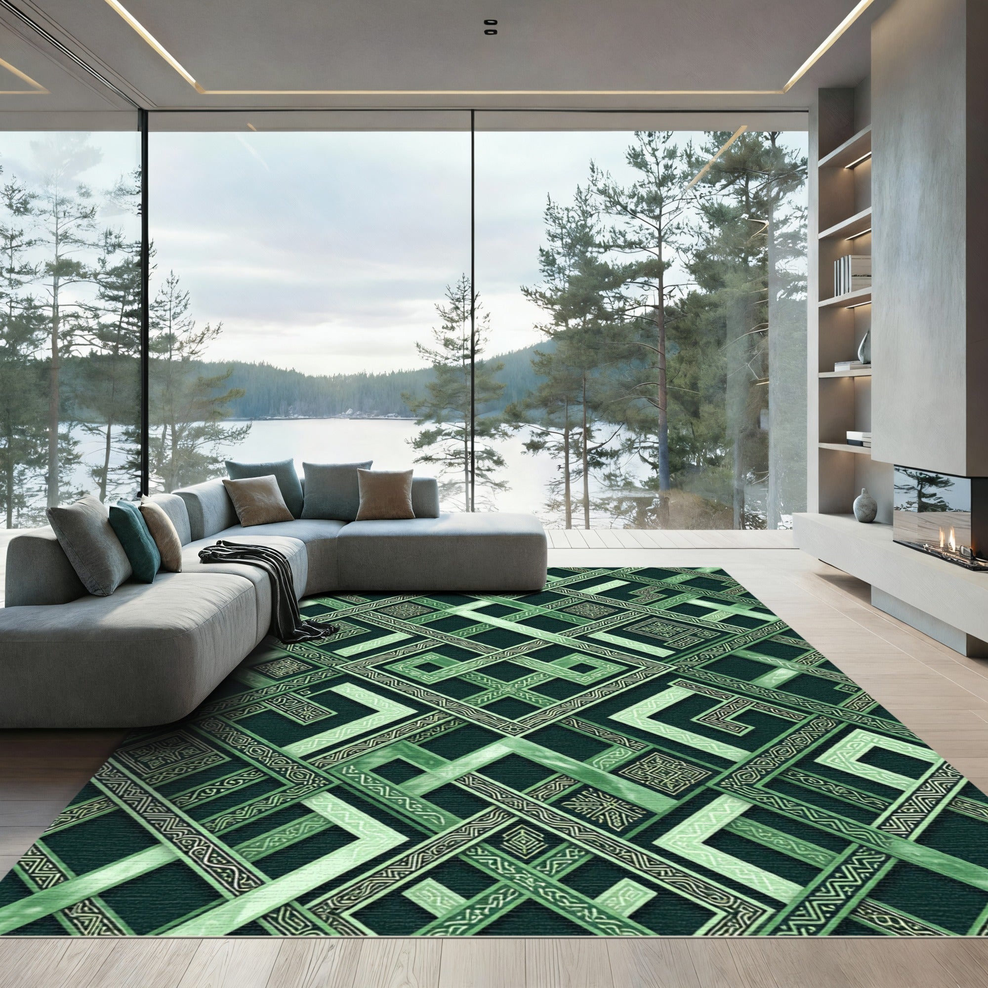 Geometric Emerald Interlocking Square Art Rug