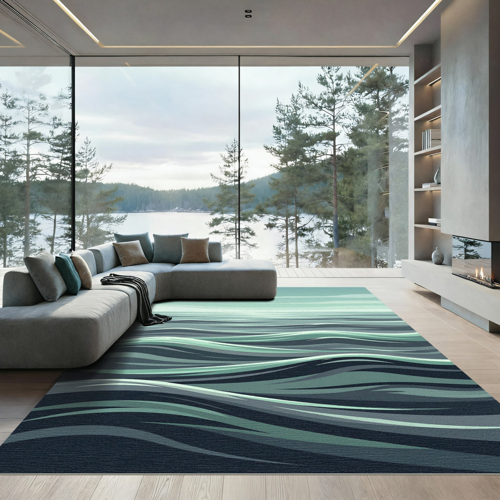 Minimalist Sage and Navy Ocean Wave Rug