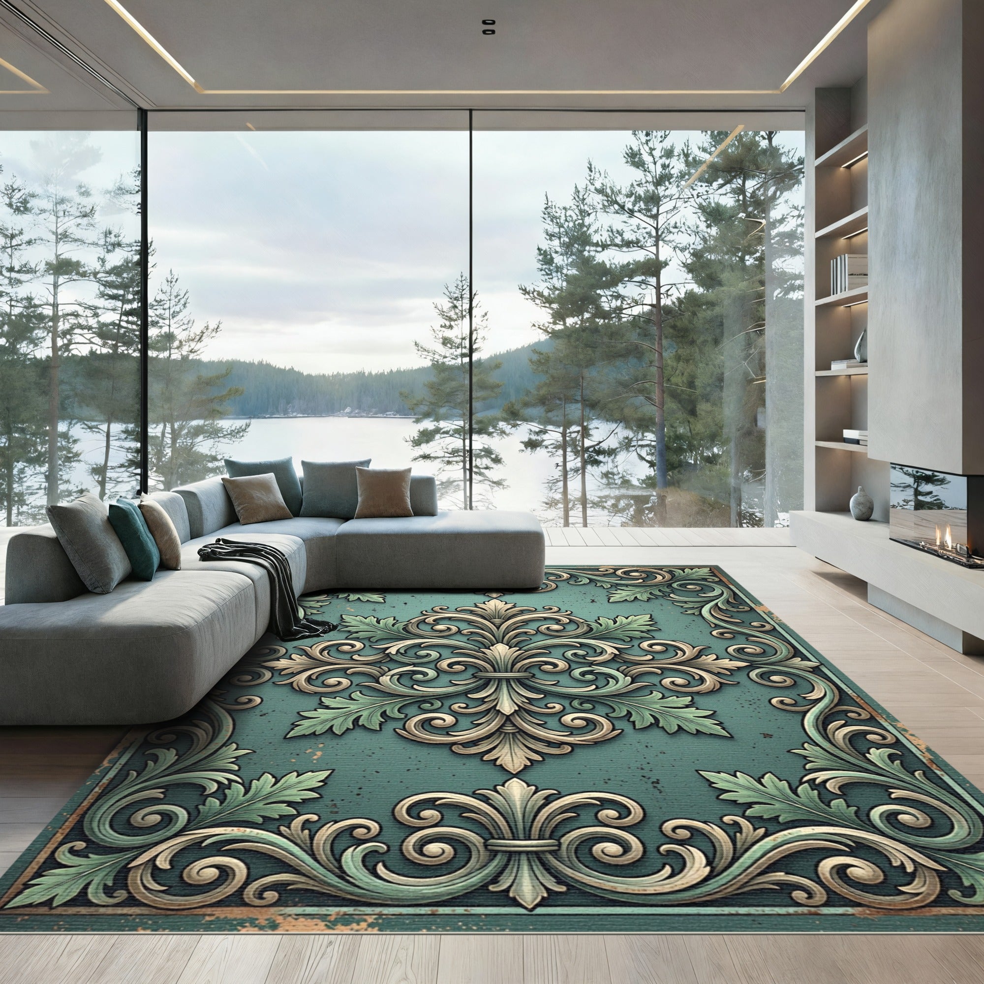 Elegant Teal Acanthus Scrollwork Medallion Rug