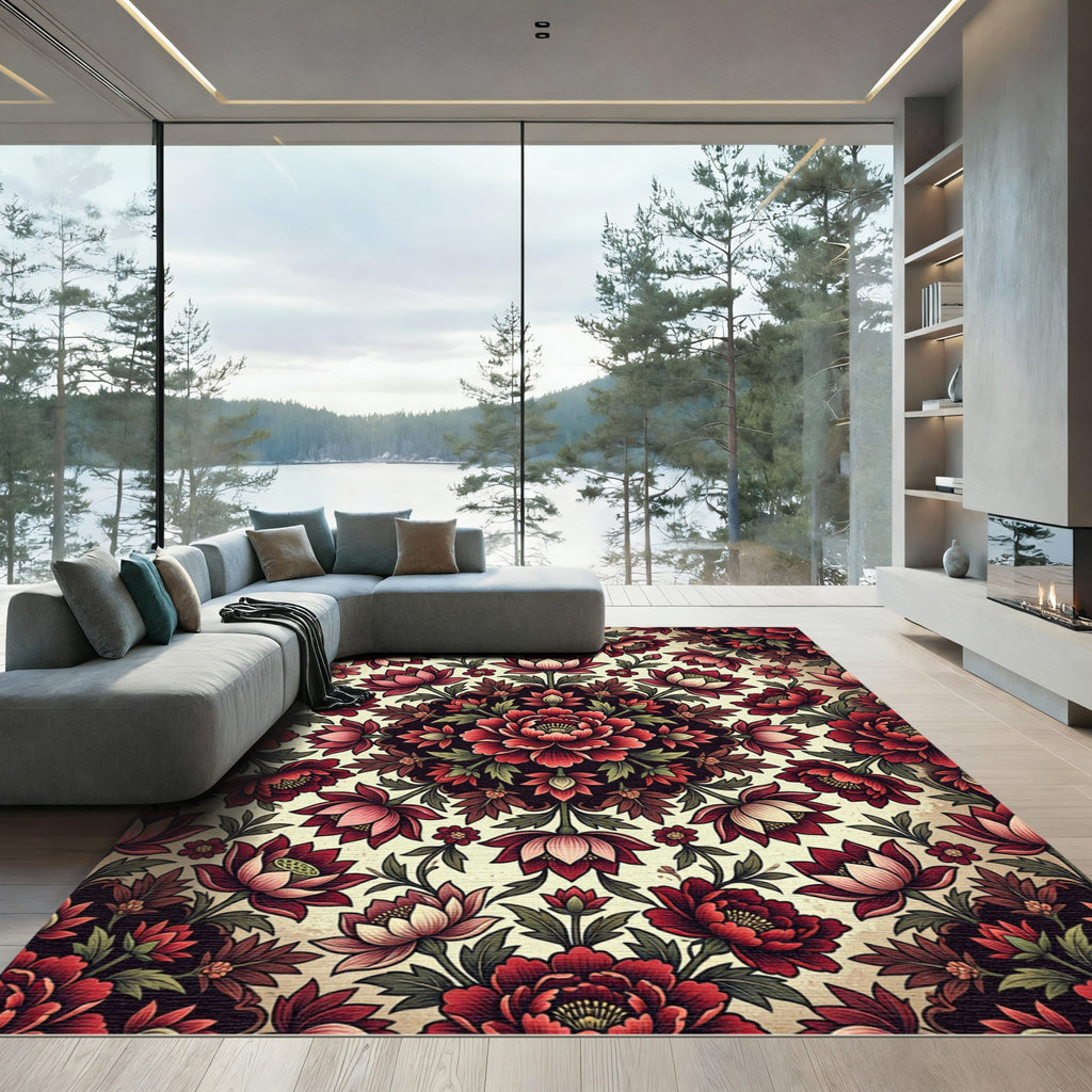Crimson Peony Floral Medallion Garden Rug