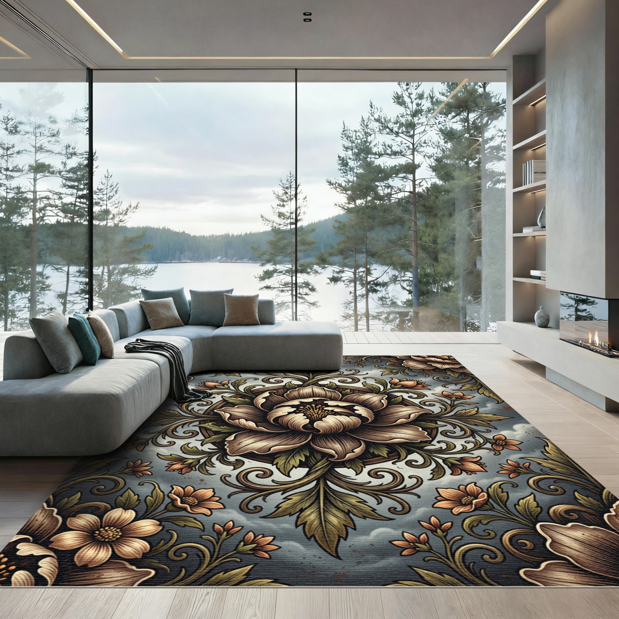 Vintage Sepia Floral Medallion Garden Rug