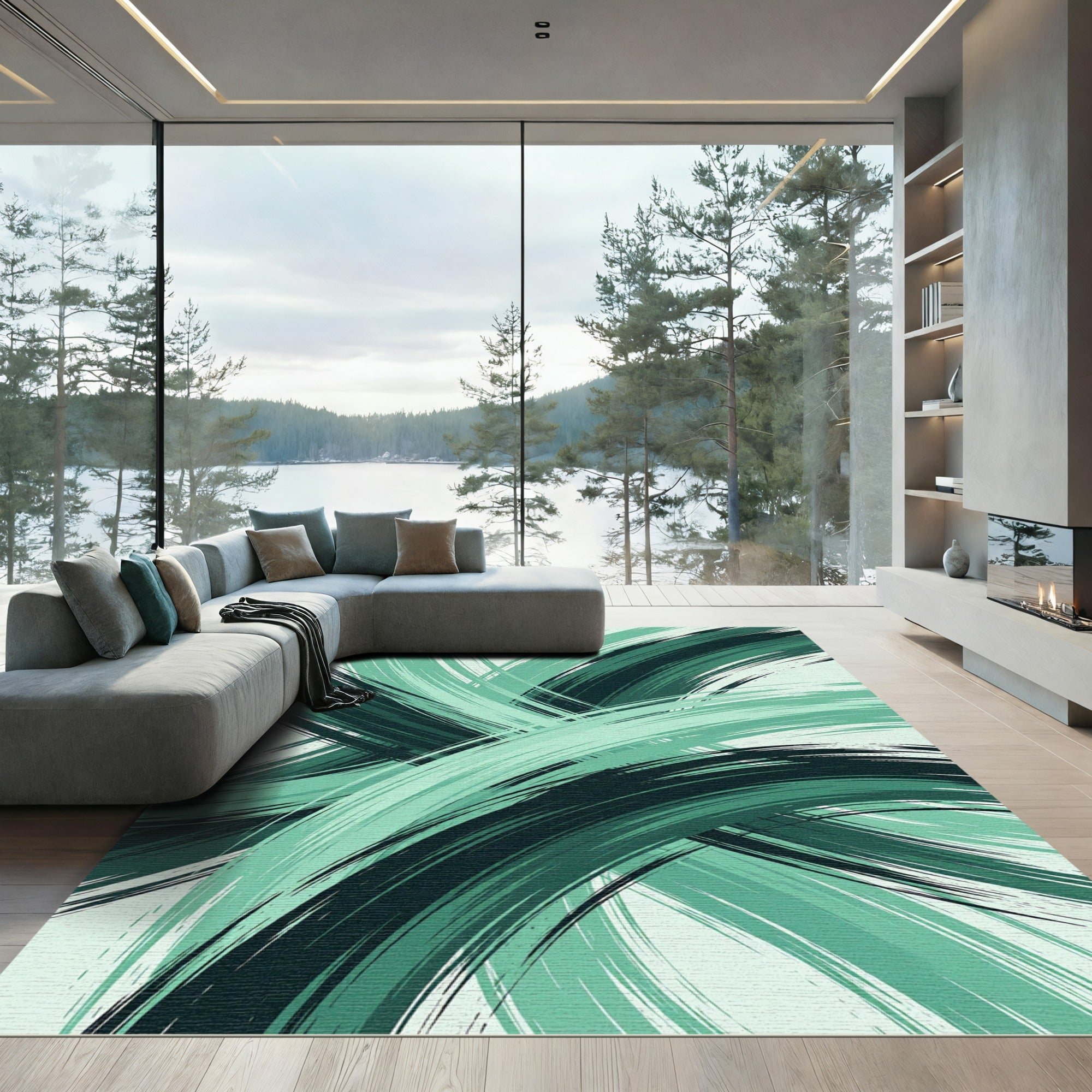 Modern Emerald Swirl Abstract Rug