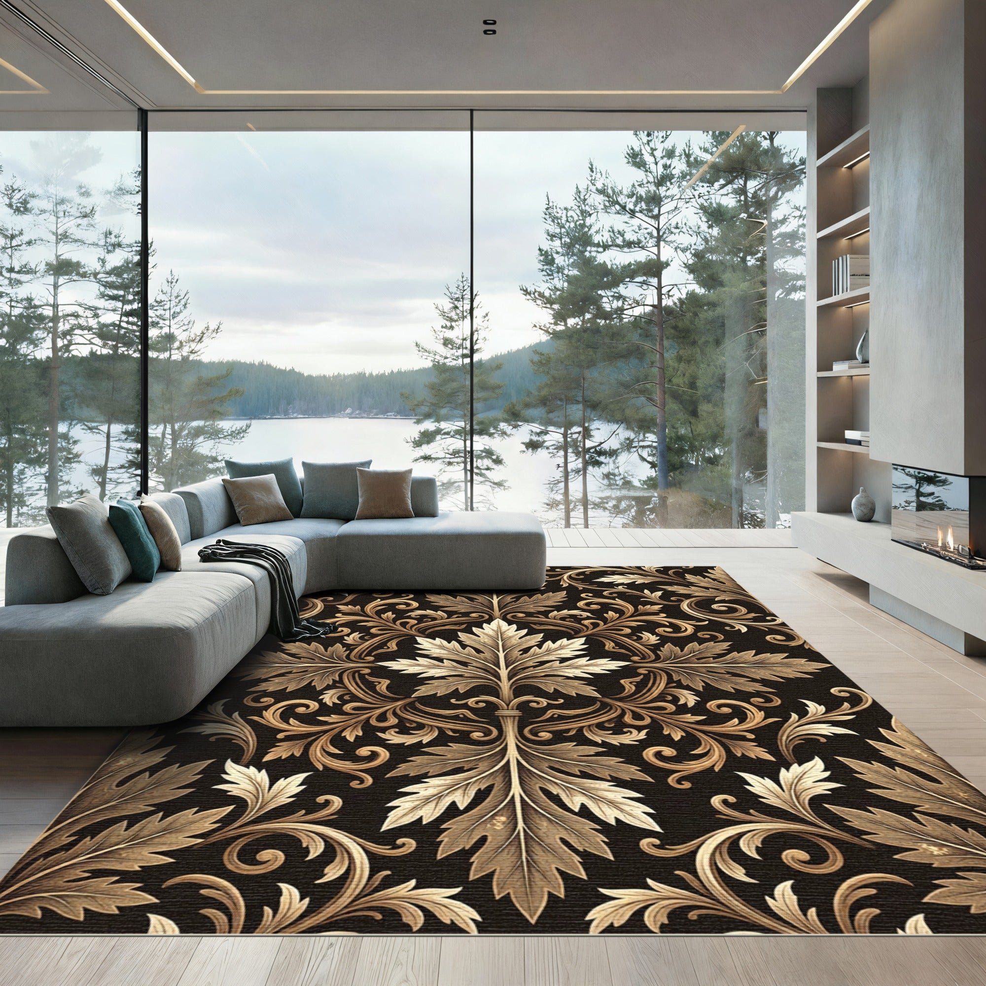 Golden Brown Acanthus Scroll Wallpaper Rug