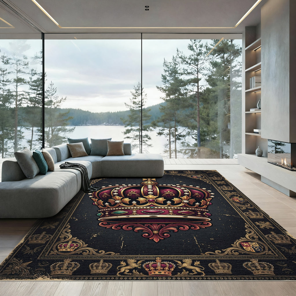 Regal Royal Imperial Maroon Gold Crown Rug