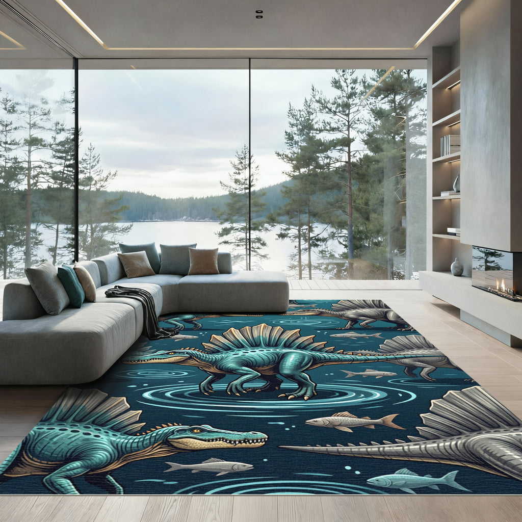 Teal Spinosaurus and Fish Oceanic Illustration Rug