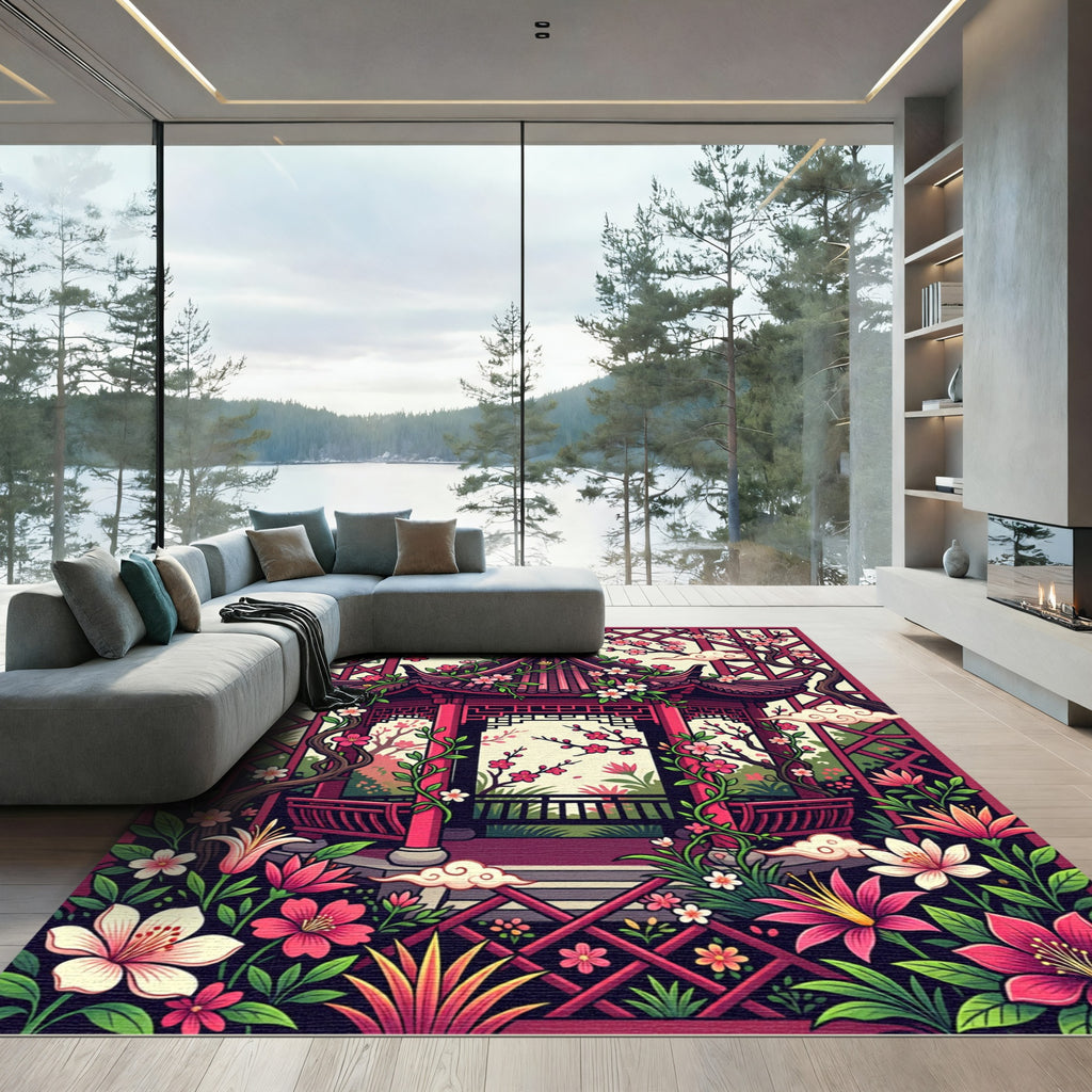 Vibrant Sakura Pavilion Floral Garden Rug