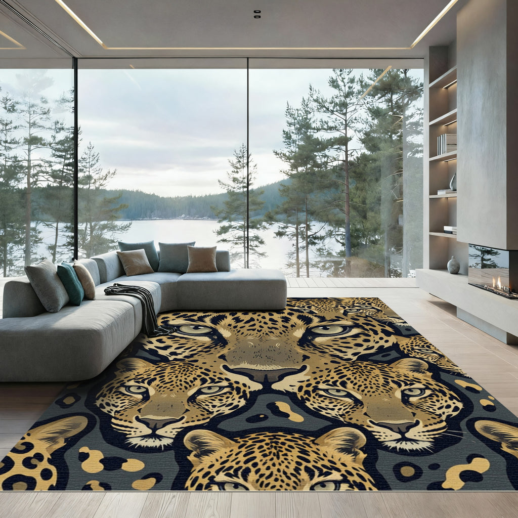 Detailed Golden Leopard Faces Abstract Rug