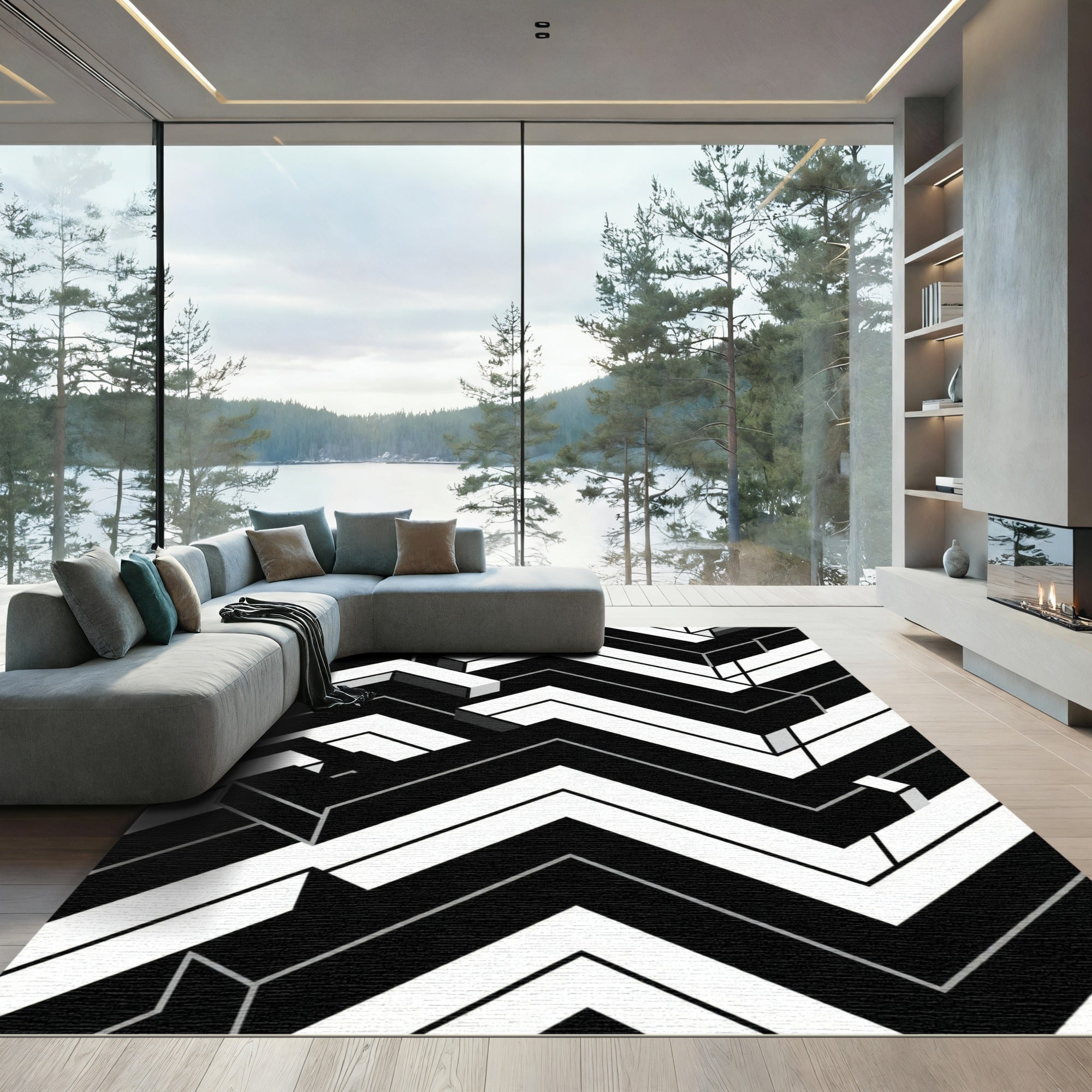 Monochromatic Geometric Illusion Zigzag Rug