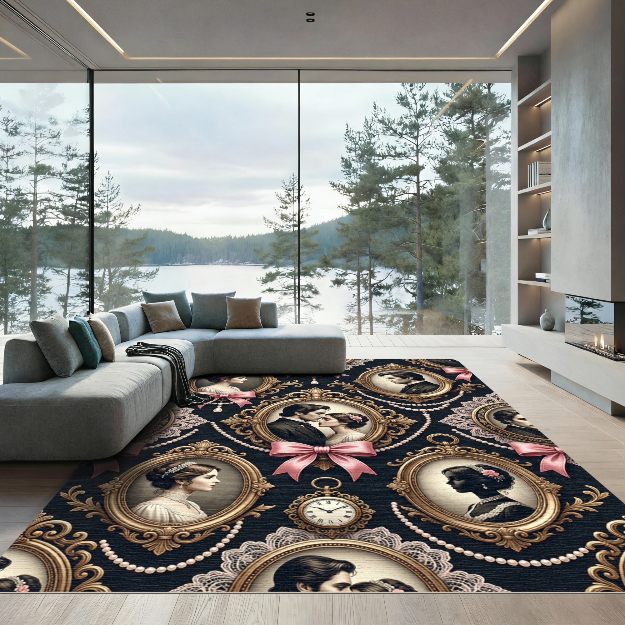 Vintage Portrait Medallion Damask Rose Oval Rug