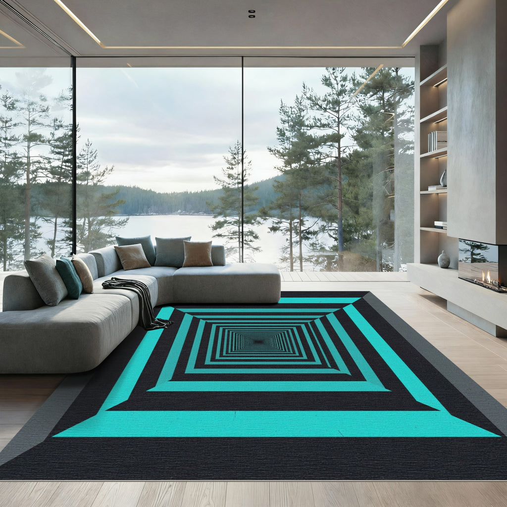 Modern Teal Black Geometric Infinity Tunnel Rug