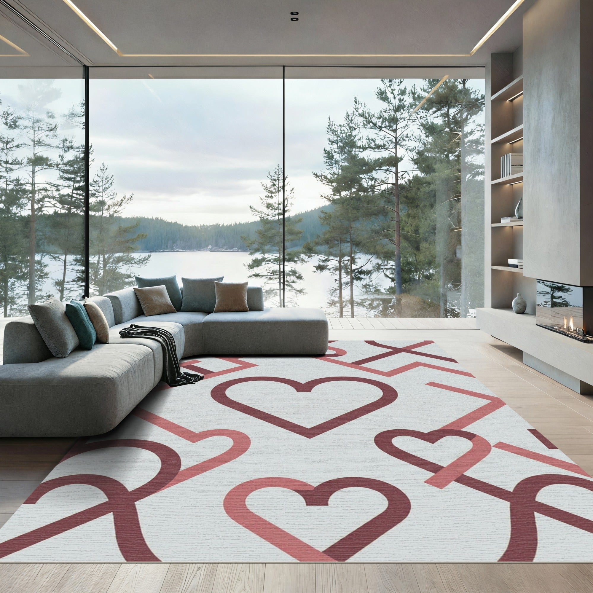 Modern Pink Heart Link Geometric Rug