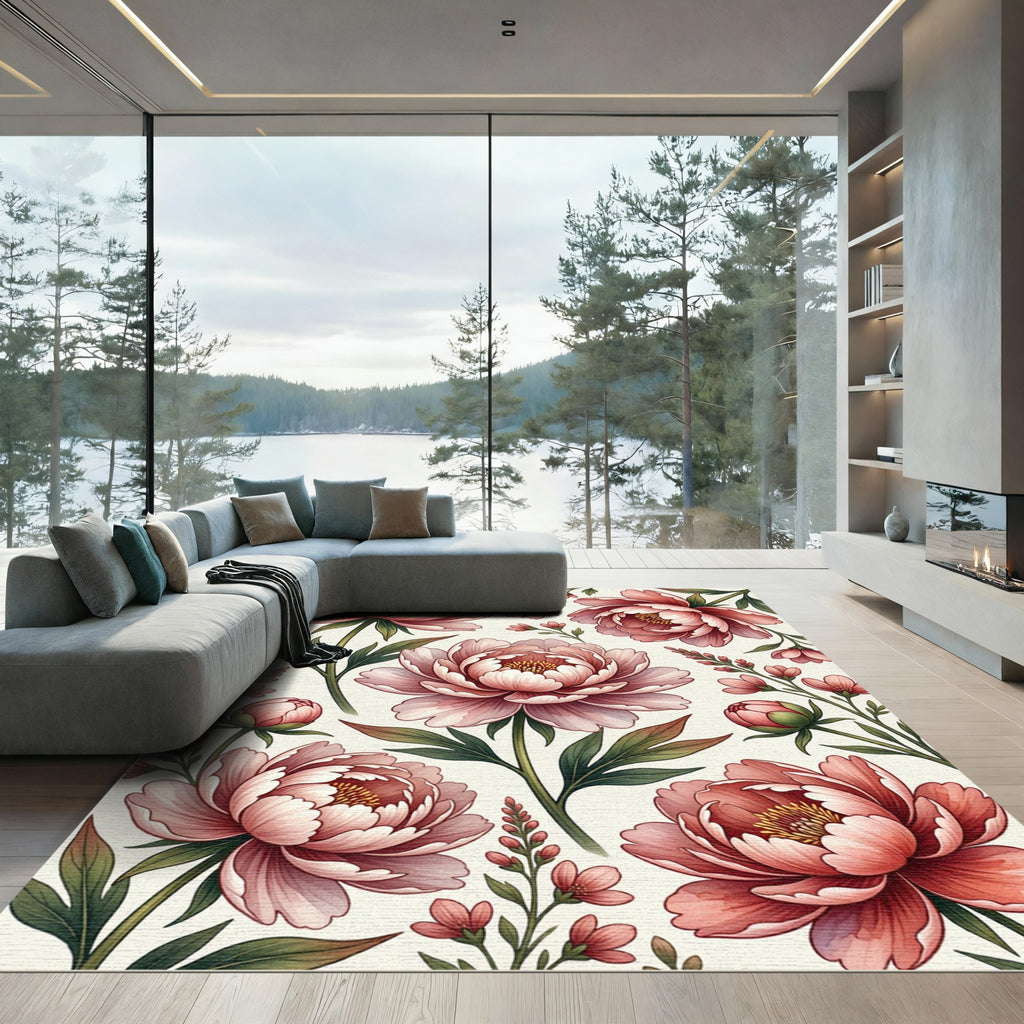 Elegant Blush Peony Botanical Illustration Rug