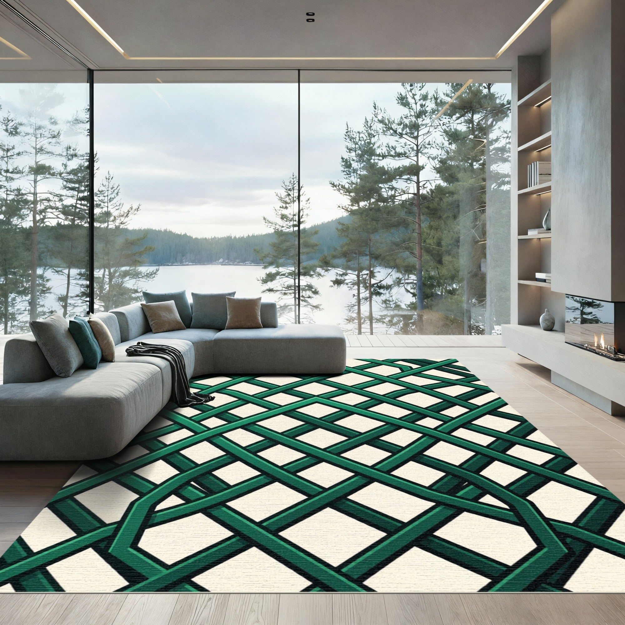 Emerald Interlocking Geometric Lattice Grid Rug