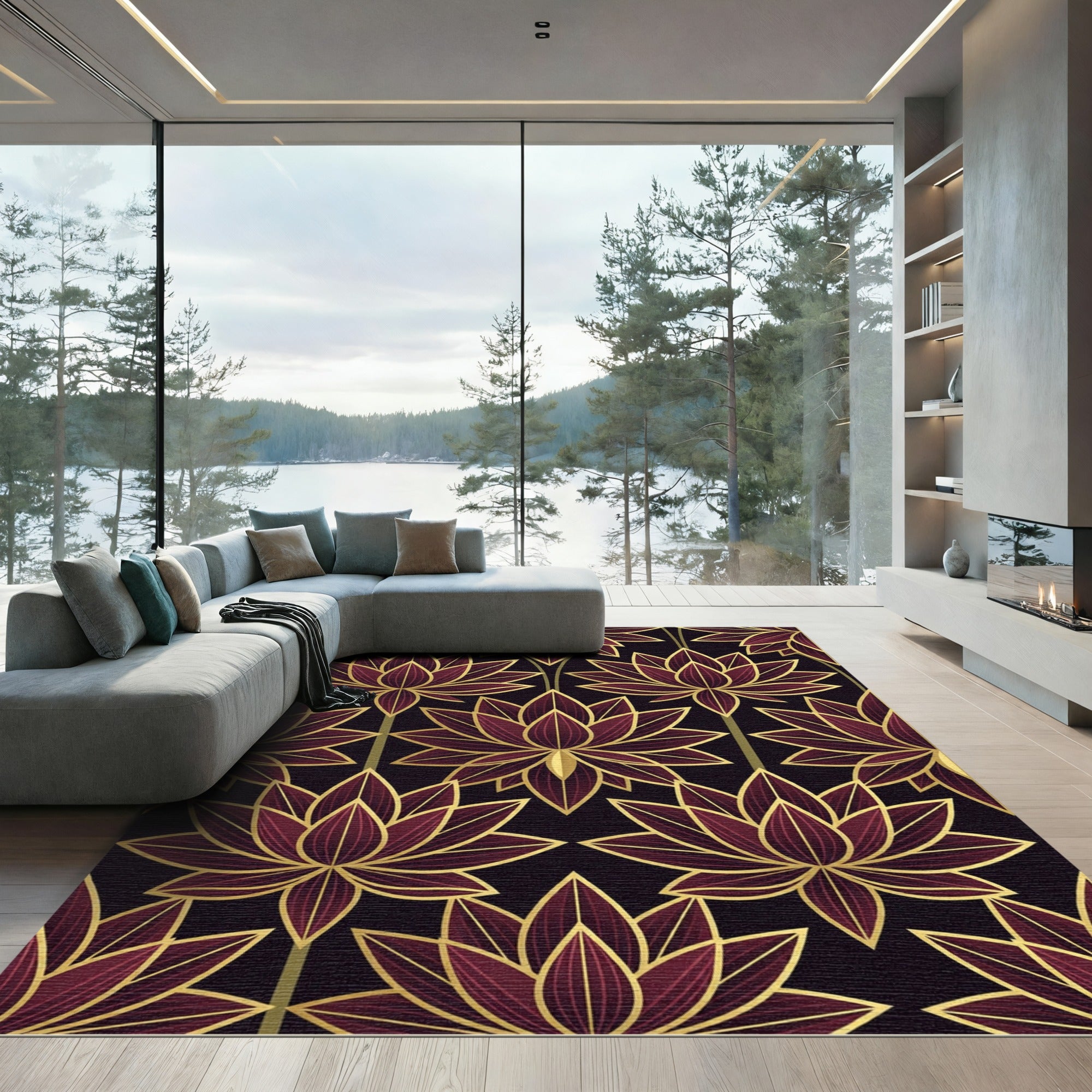 Art Deco Burgundy Lotus Gold Tress Rug