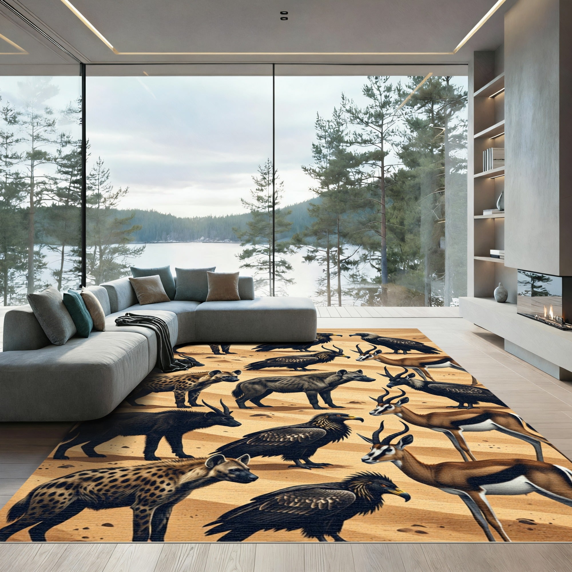 Savanna Wildlife Hyena Vulture Gazelle Illustration Rug