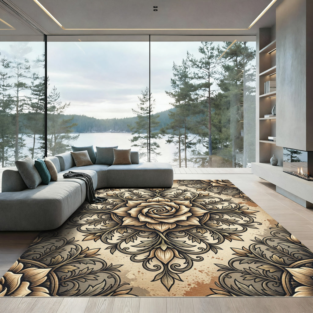 Vintage Beige Floral Rose Medallion Rug