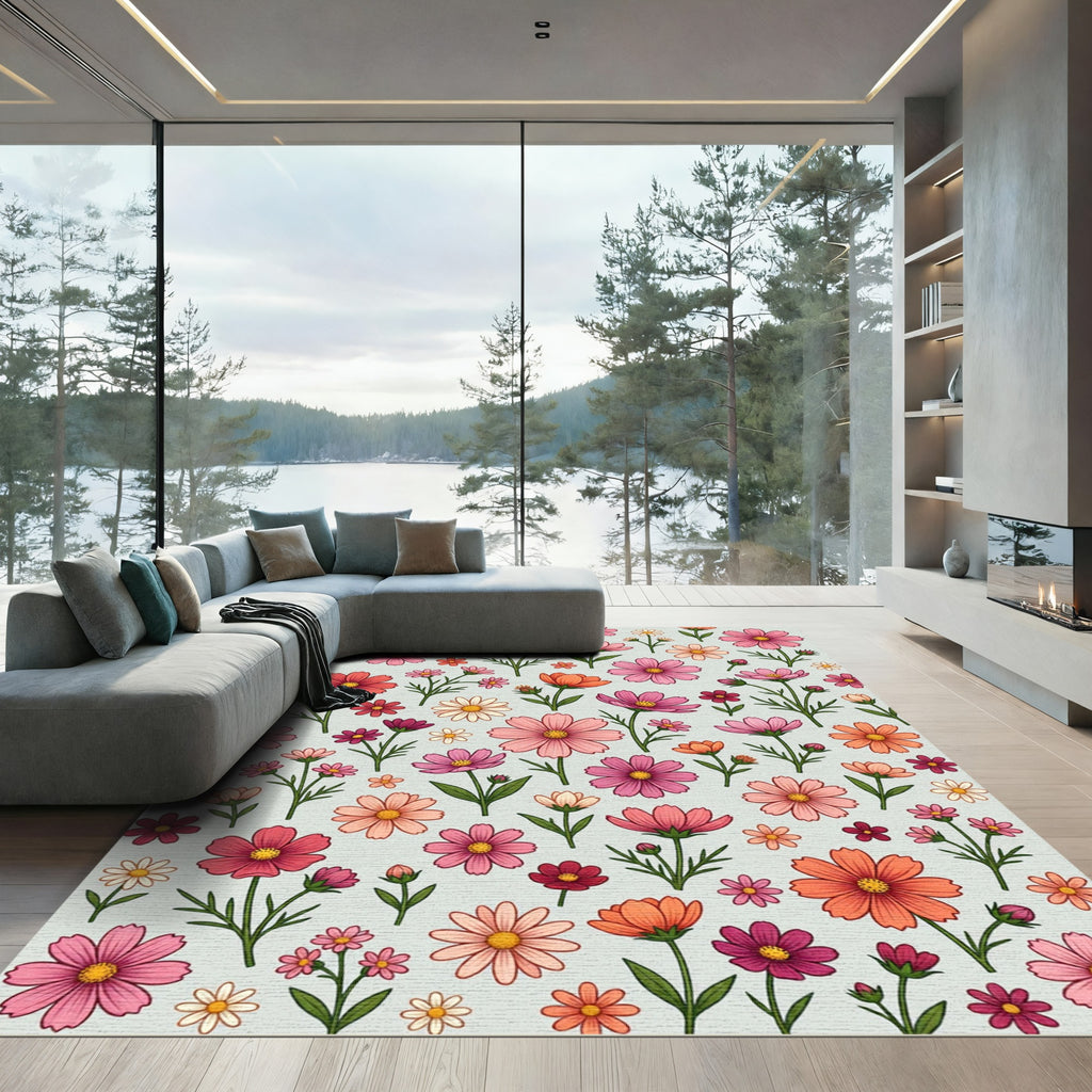 Pink Orange Flower Meadow Whimsical Rug