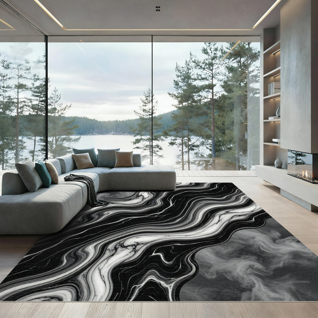 Luxurious Black White Marble Swirl Rug