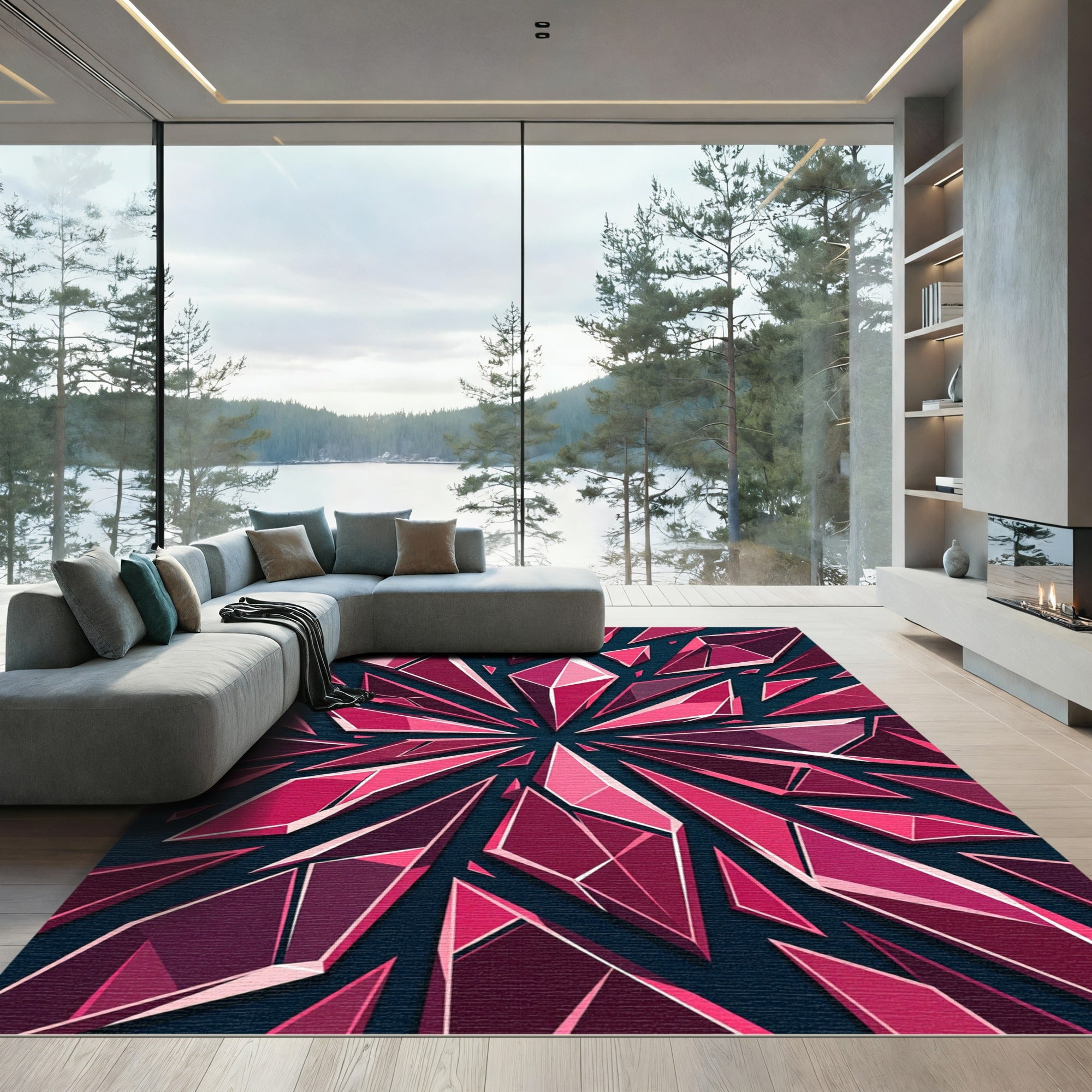 Vibrant Magenta Geometric Shattered Crystal Rug