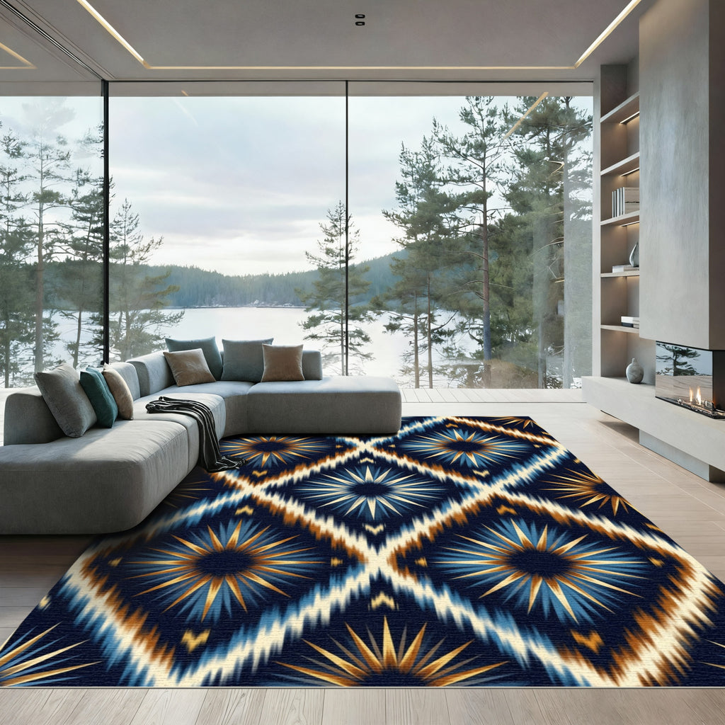 Midnight Ikat Sunburst Geometric Diamond Rug