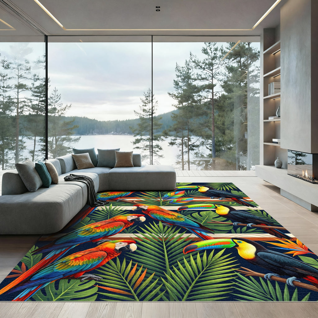 Vibrant Tropical Macaw and Toucan Jungle Rug
