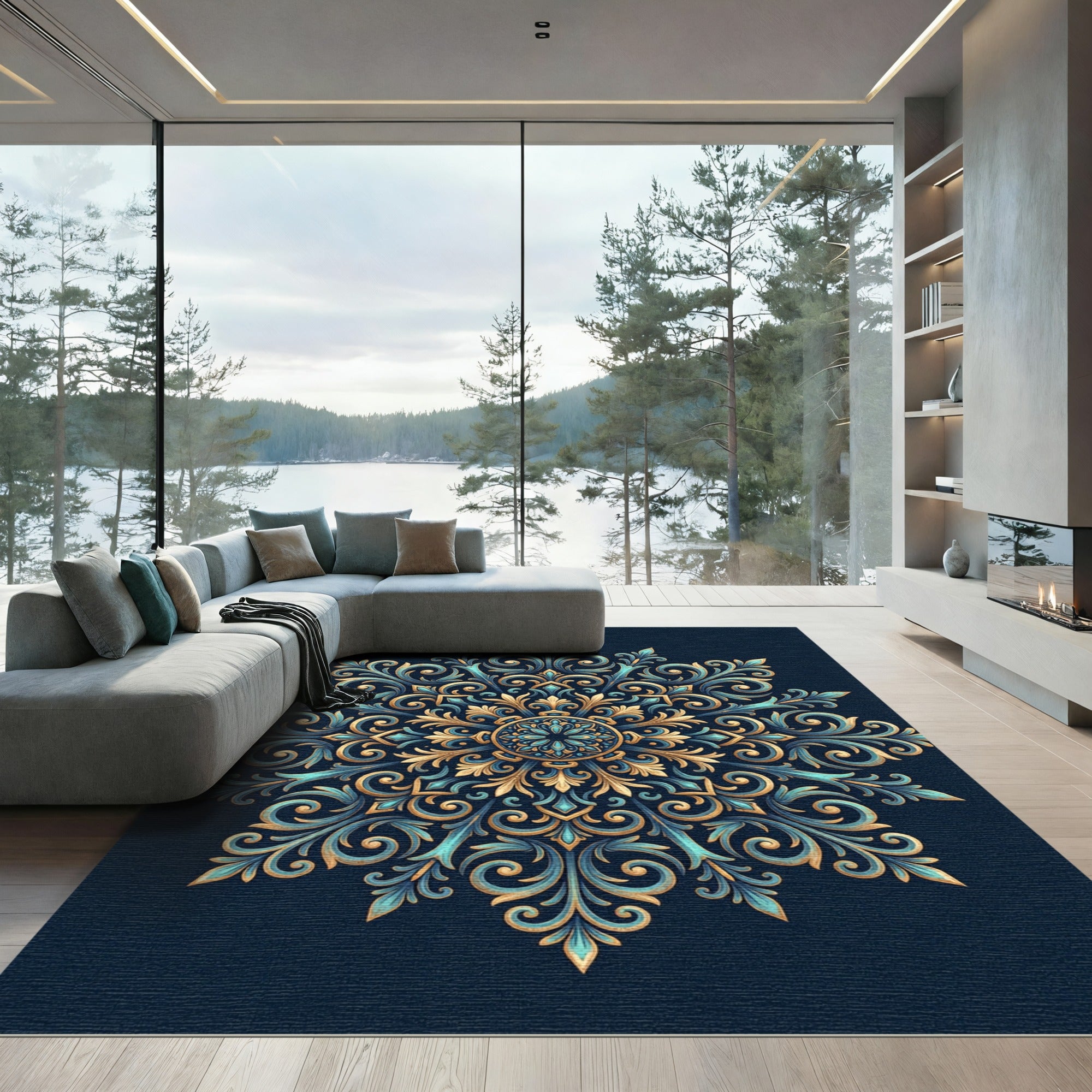 Ornate Golden Teal Filigree Medallion Rug