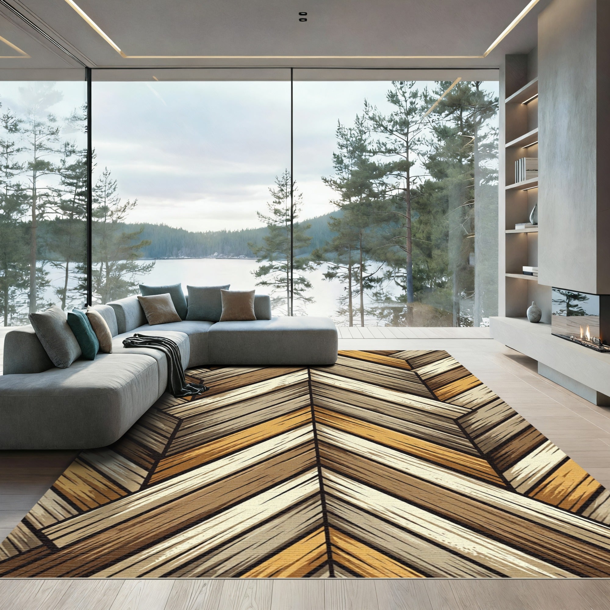 Earthy Toned Wood Grain Herringbone Rug