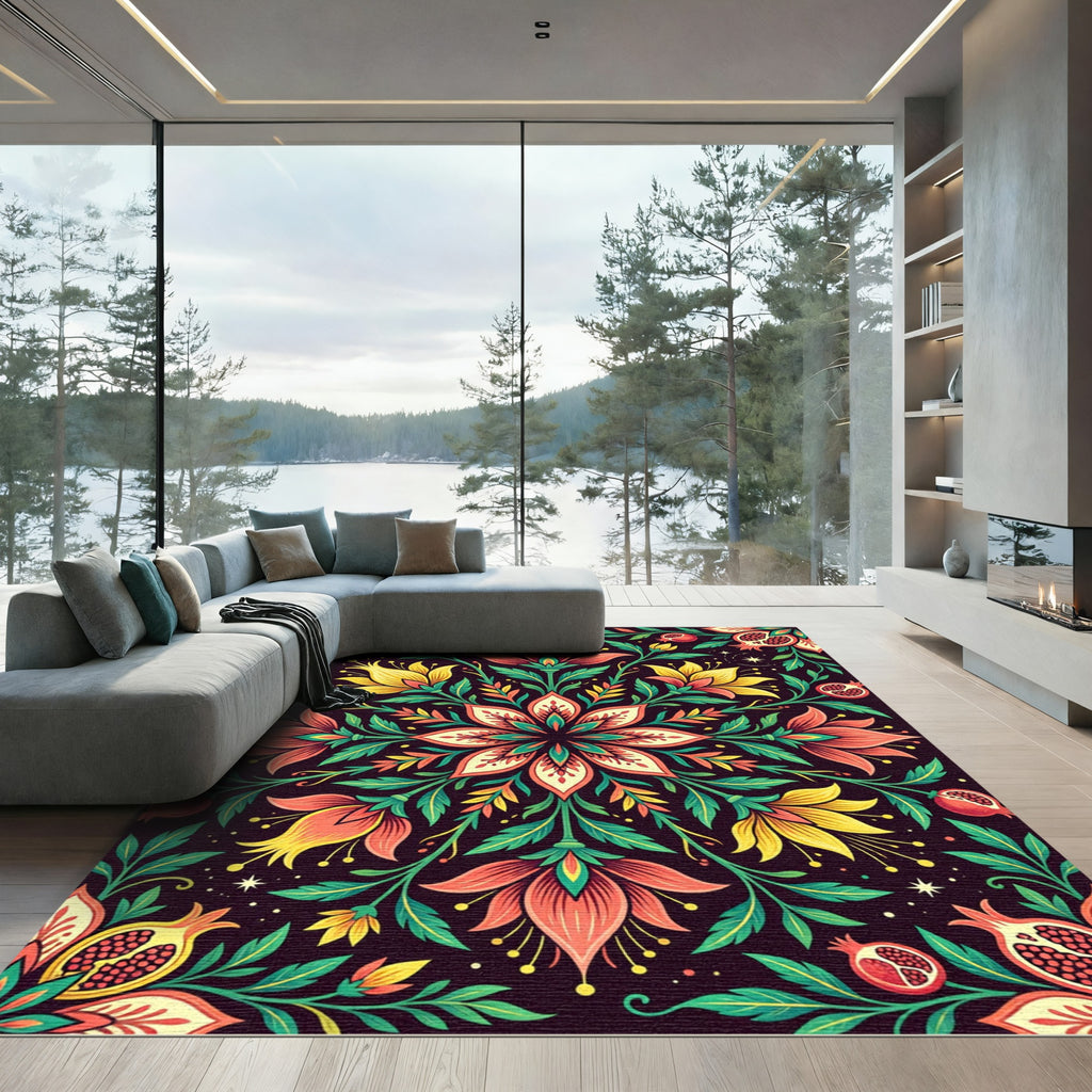 Vibrant Botanical Pomegranate Floral Medallion Rug
