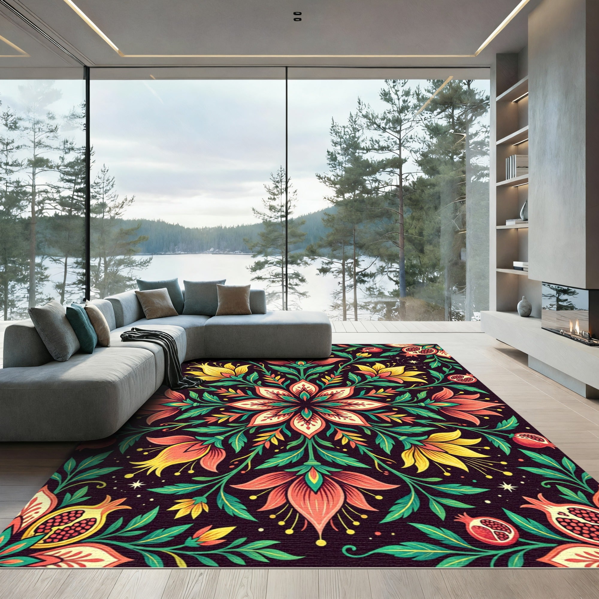 Vibrant Botanical Pomegranate Floral Medallion Rug