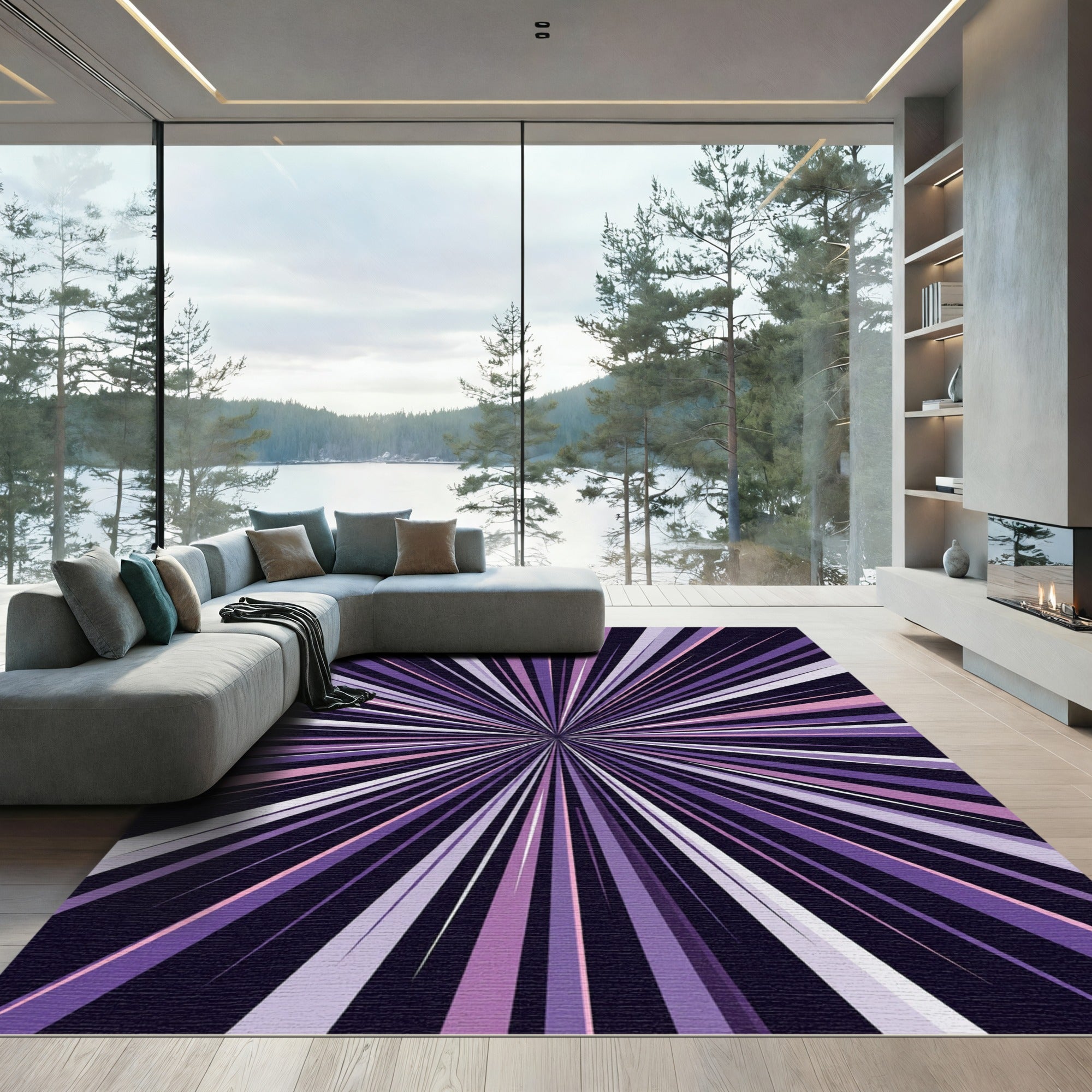 Cosmic Violet Radial Burst Linear Art Rug