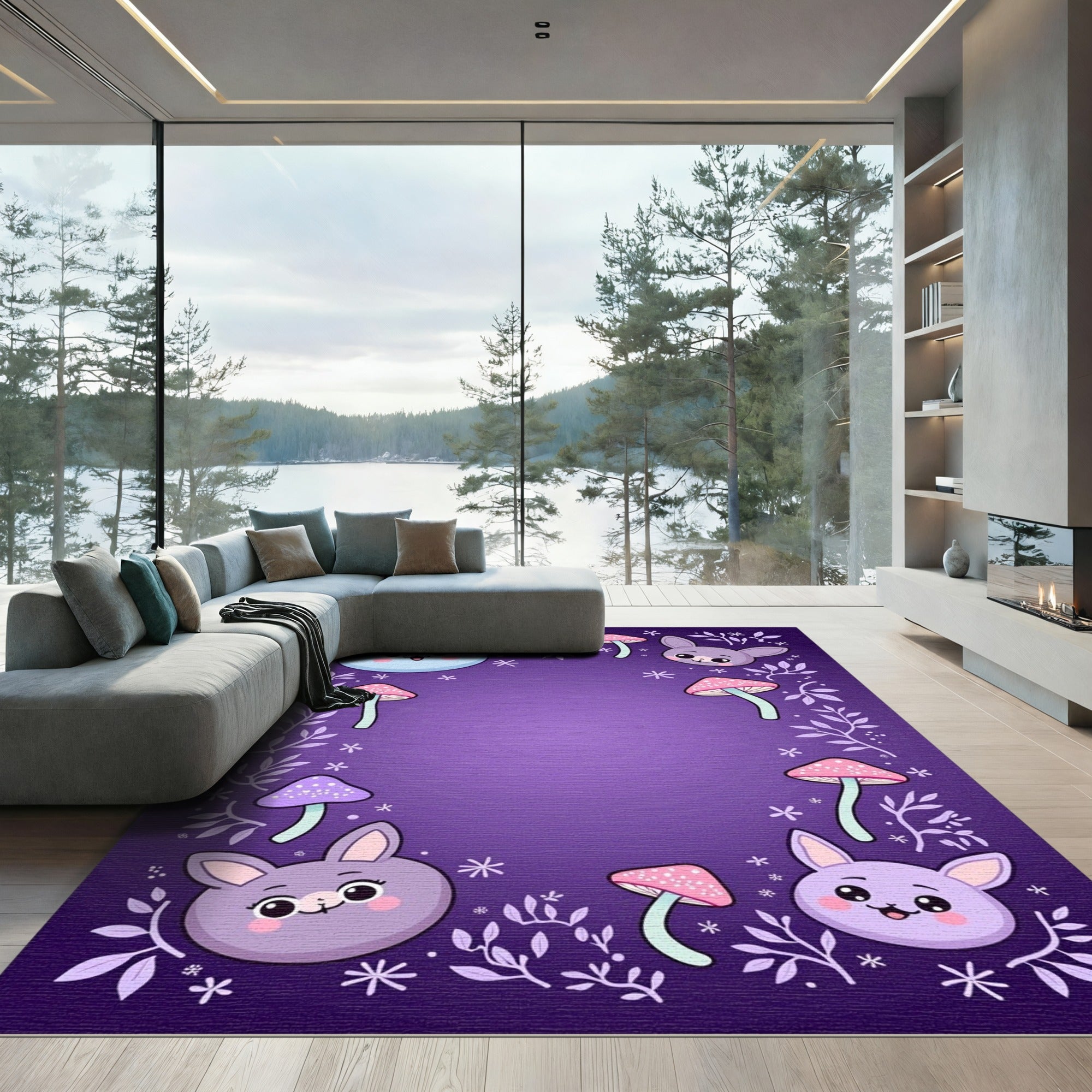 Cute Bunny Mushroom Purple Garden Rug