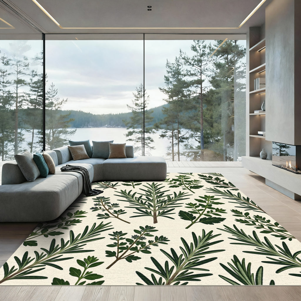 Lush Green Botanical Rosemary Herb Illustration Rug