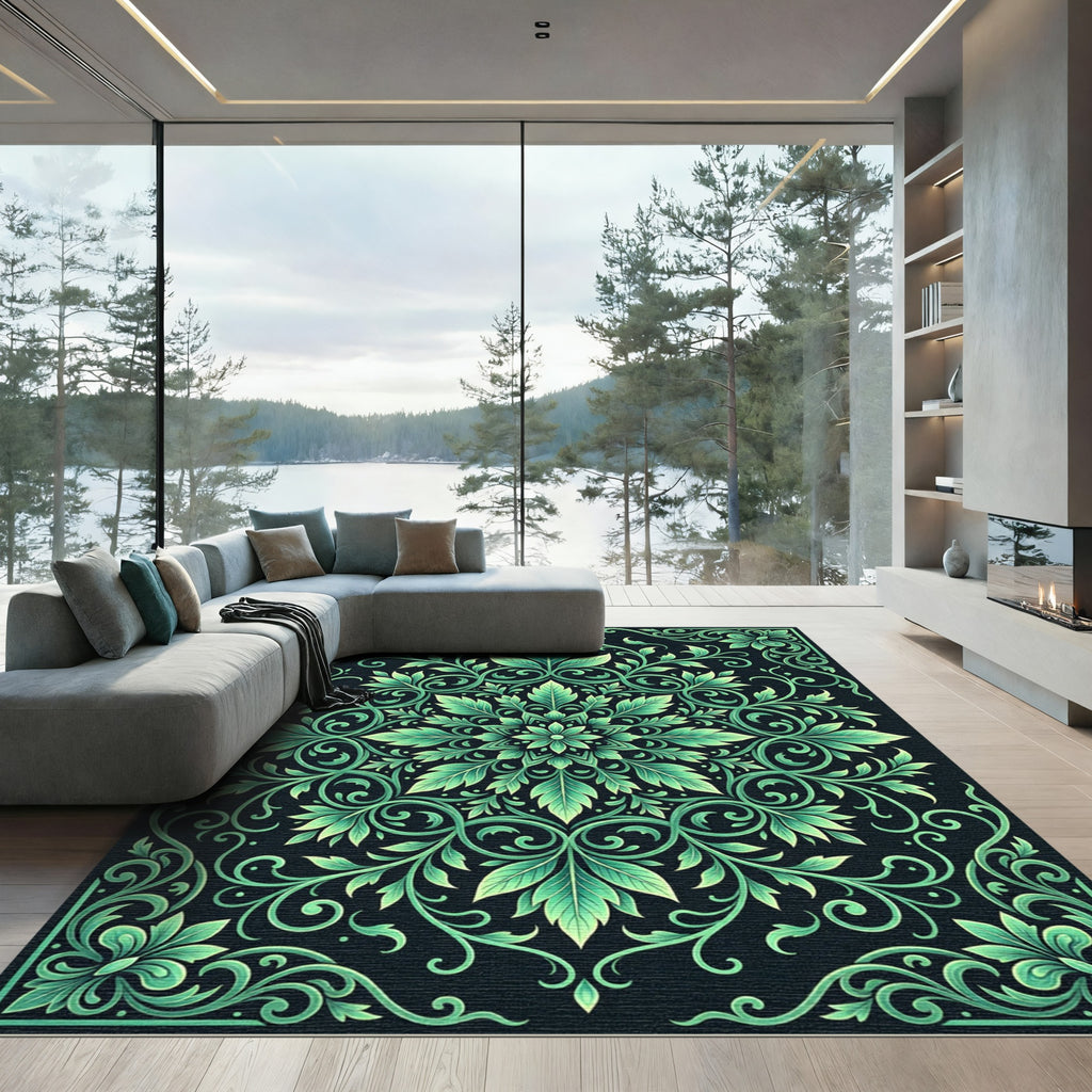 Emerald Green Leafy Mandala Flourish Rug