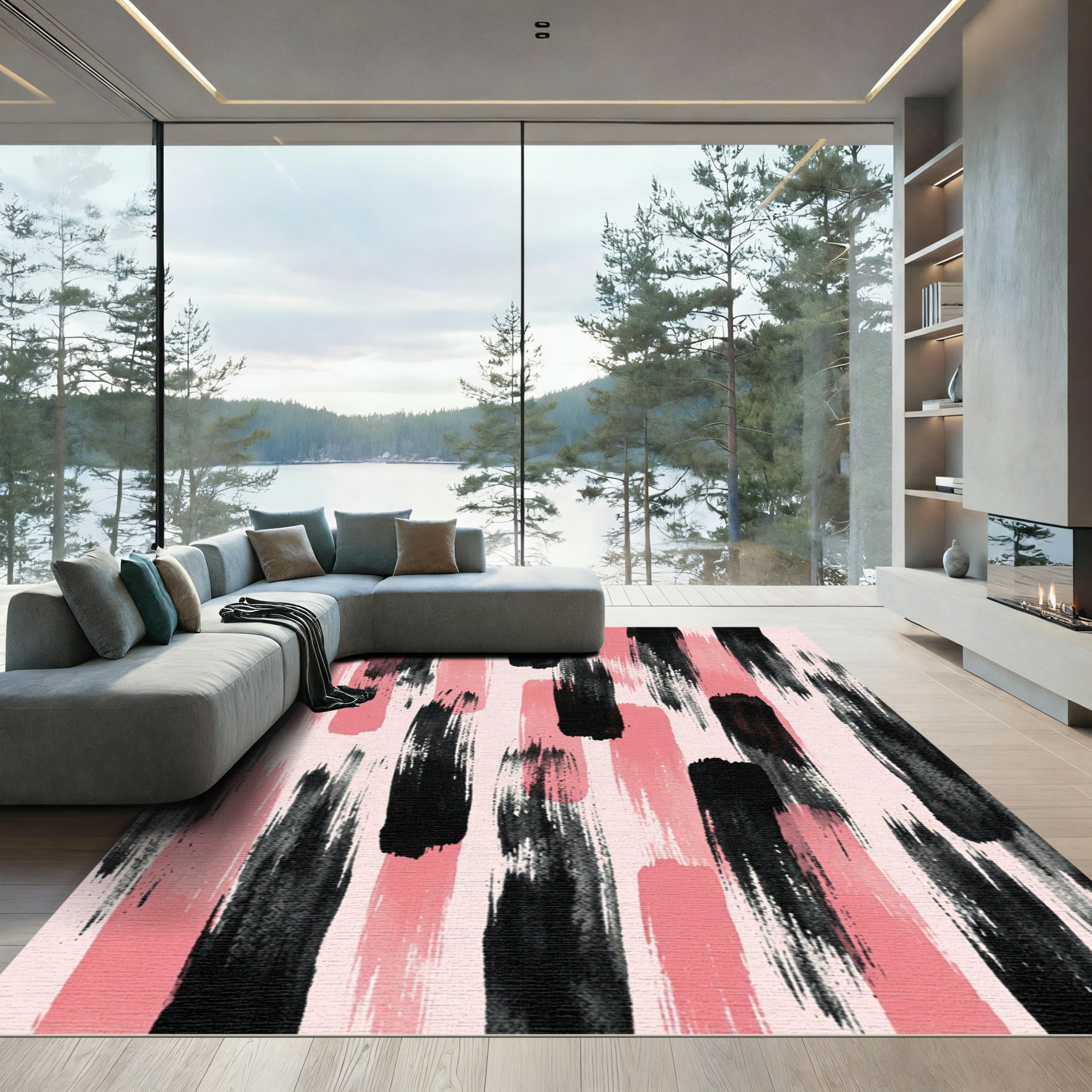 Pink Black Brush Stroke Vertical Rug