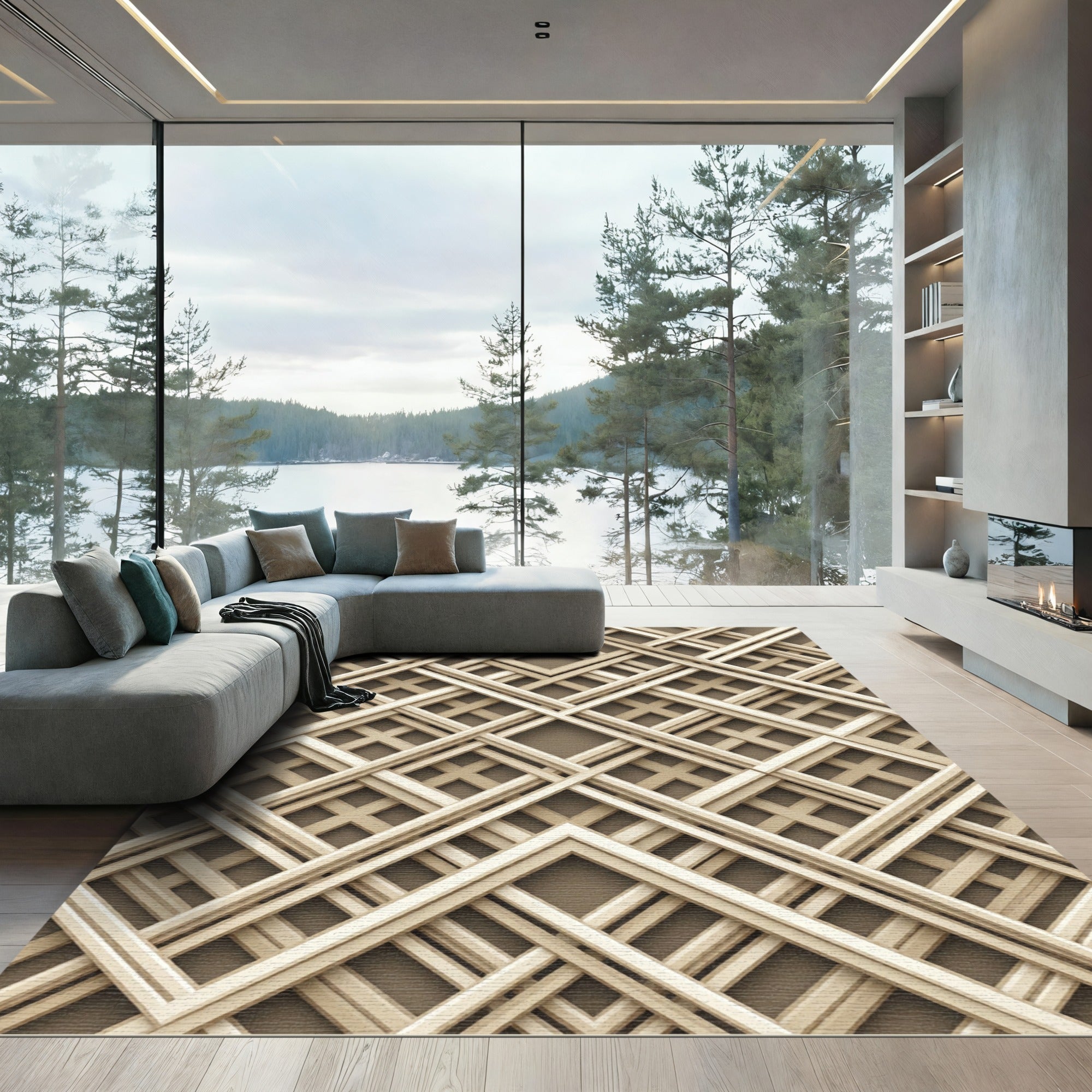 Beige Geometric Intersecting Lattice Square Rug