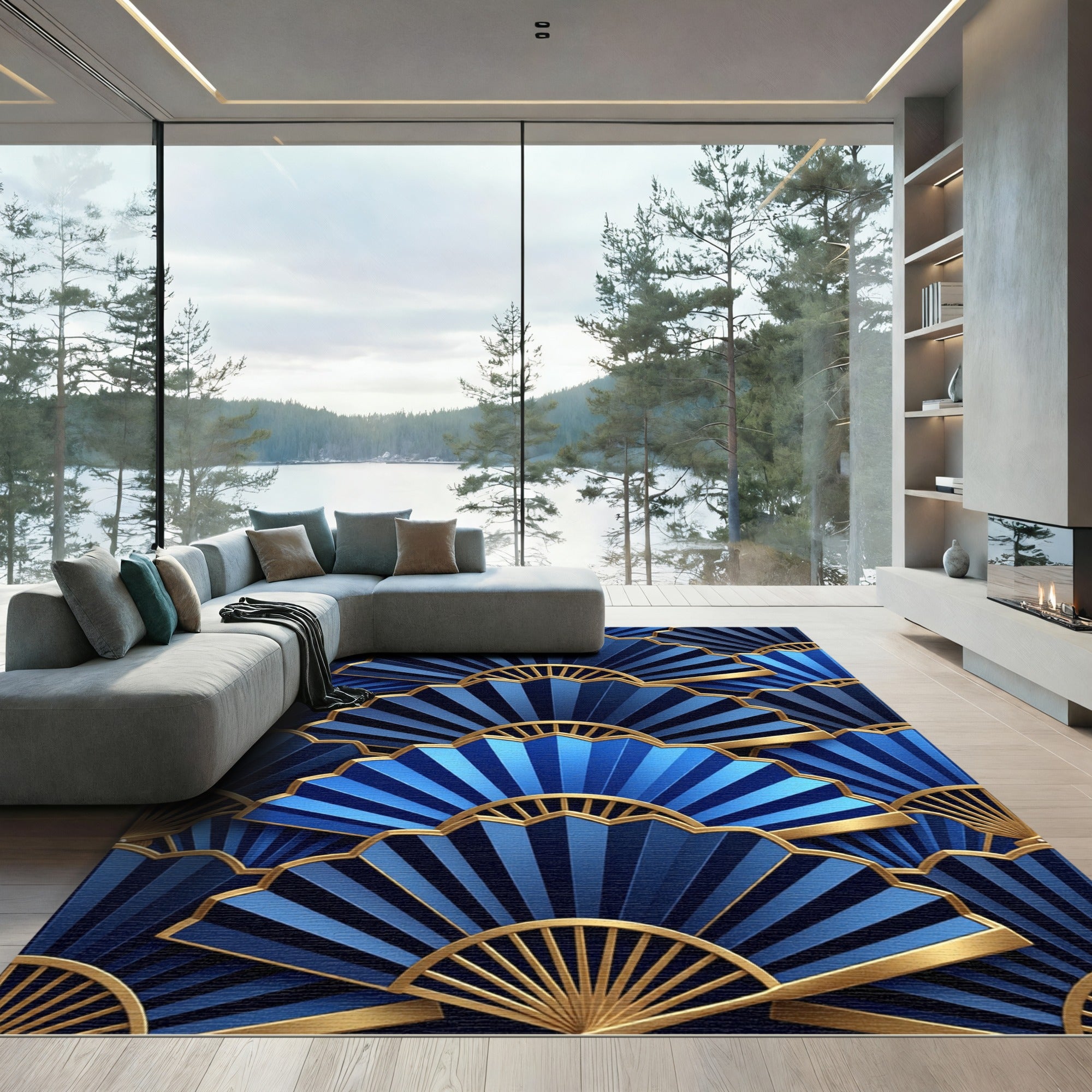 Art Deco Blue Gold Fan Repeat Rug