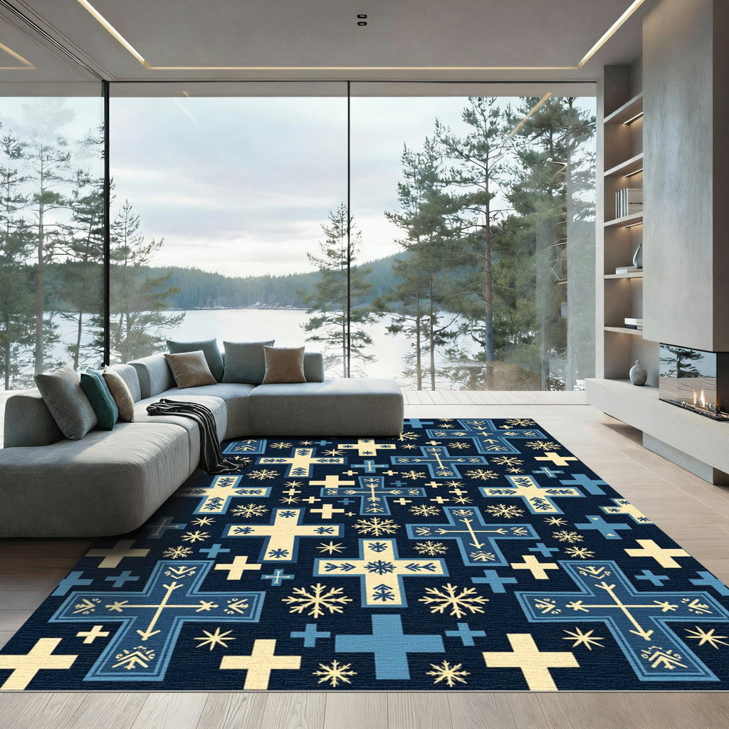 Navy Blue And Cream Cross Snowflake Pattern Rug