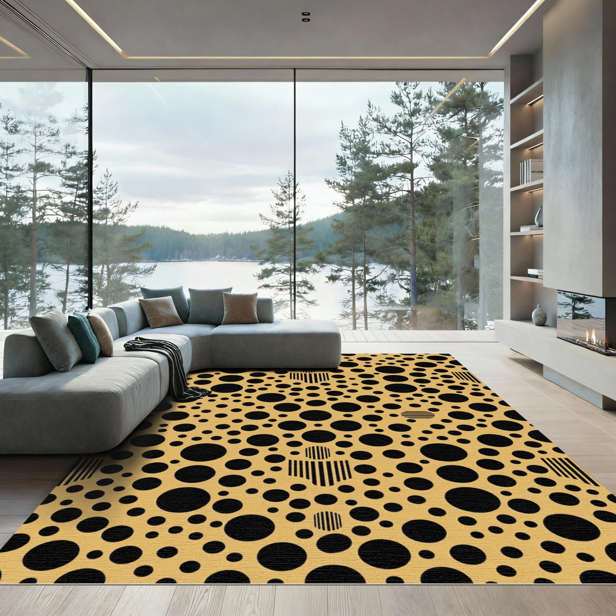 Golden Black Circle Scattered Composition Rug