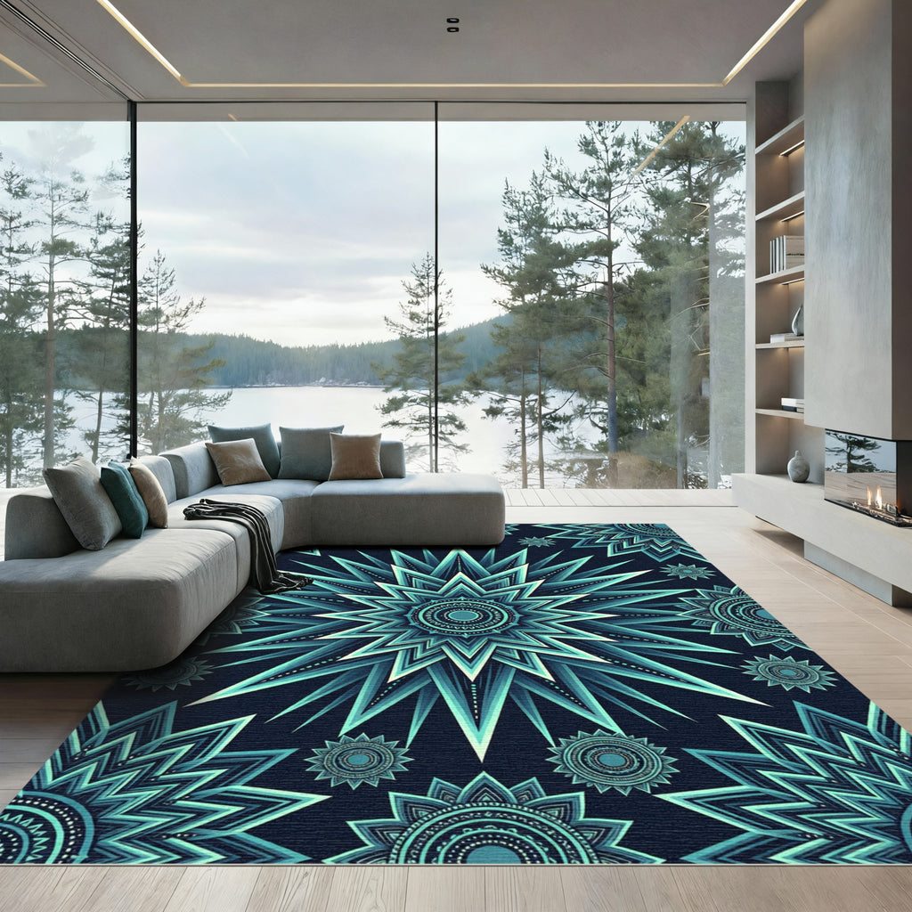 Geometric Teal Celestial Star Medallion Rug