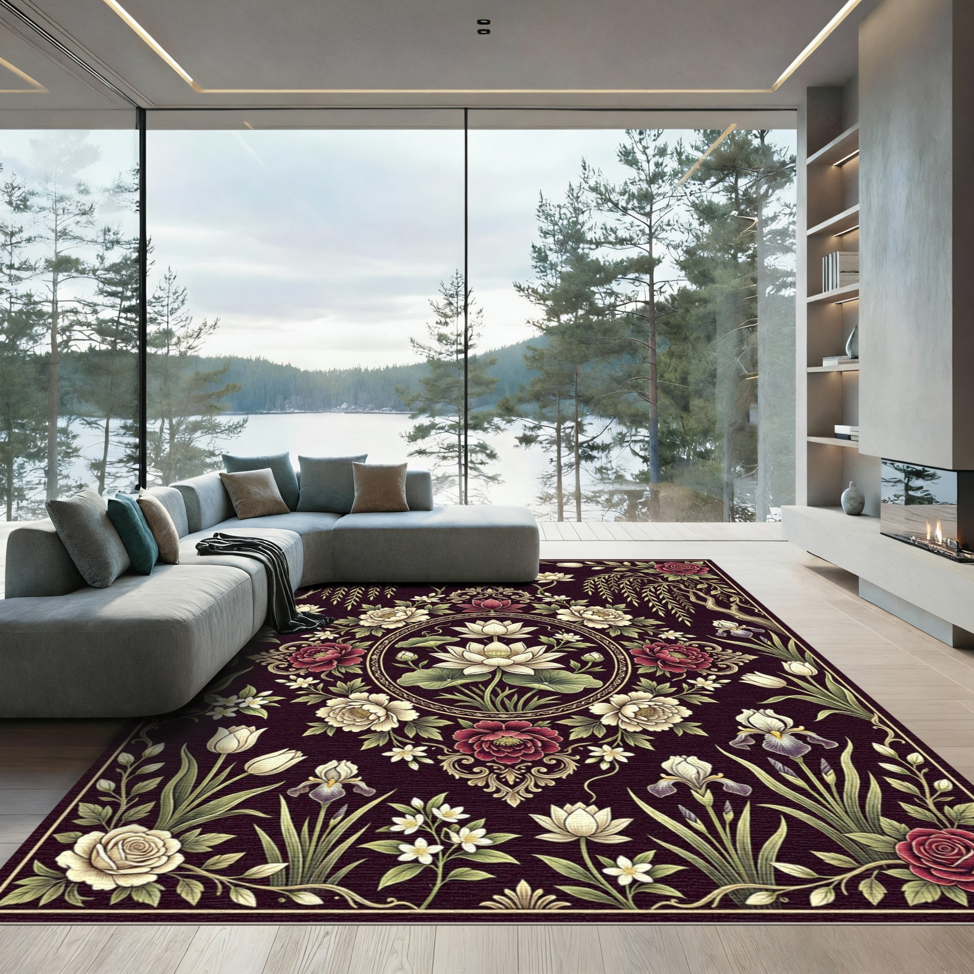 Elegant Dark Floral Lotus Medallion Rug