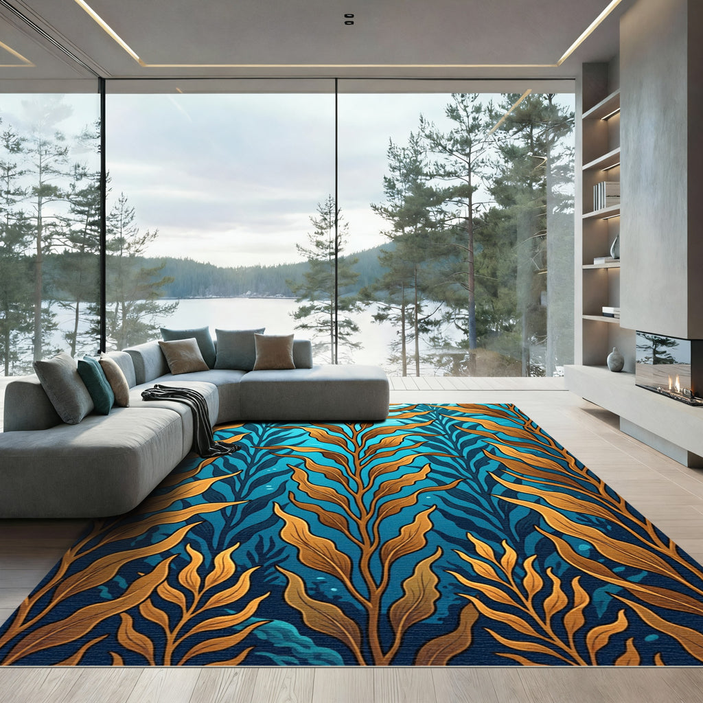 Golden Kelp Forest Under Blue Ocean Rug