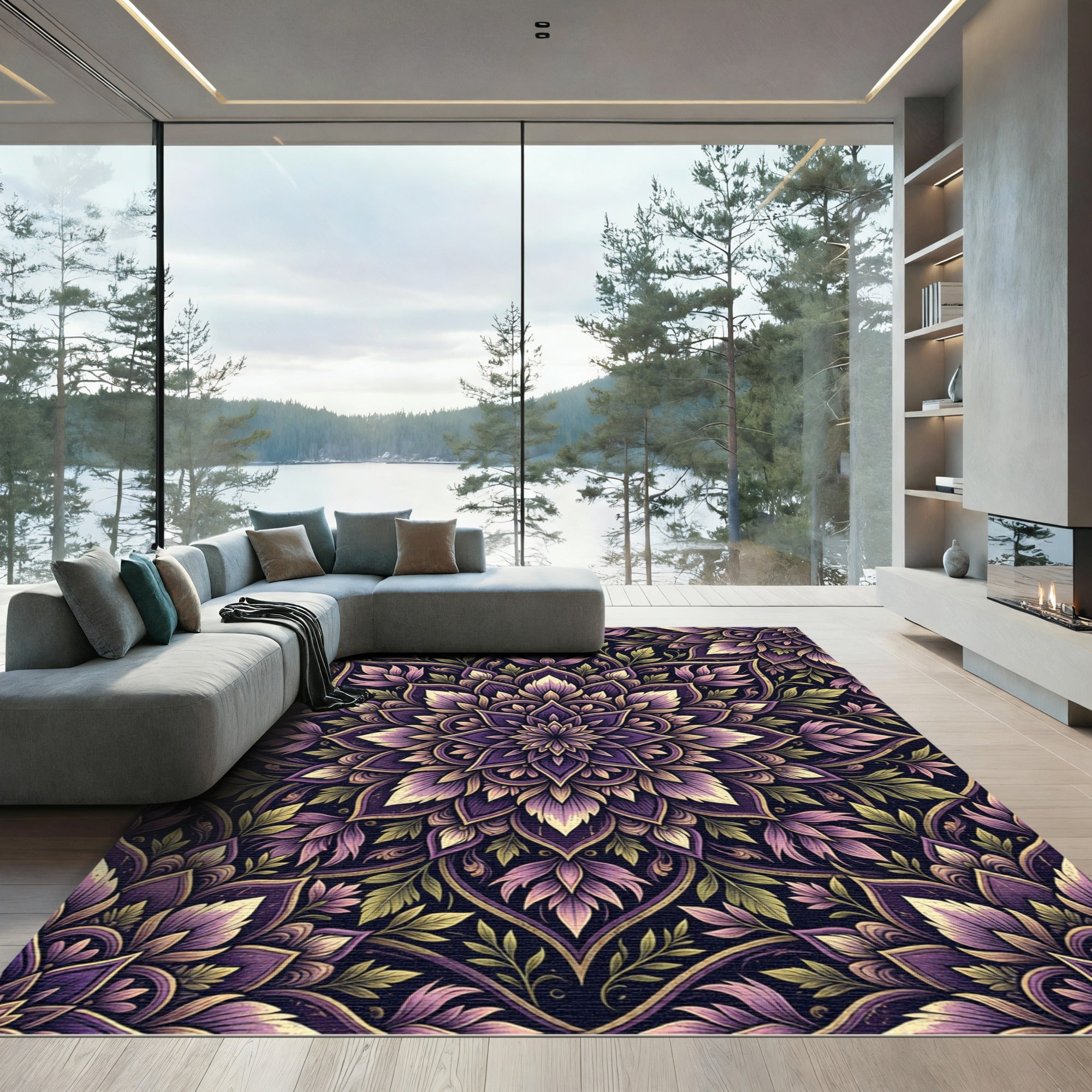 Sophisticated Deep Purple Floral Mandala Rug