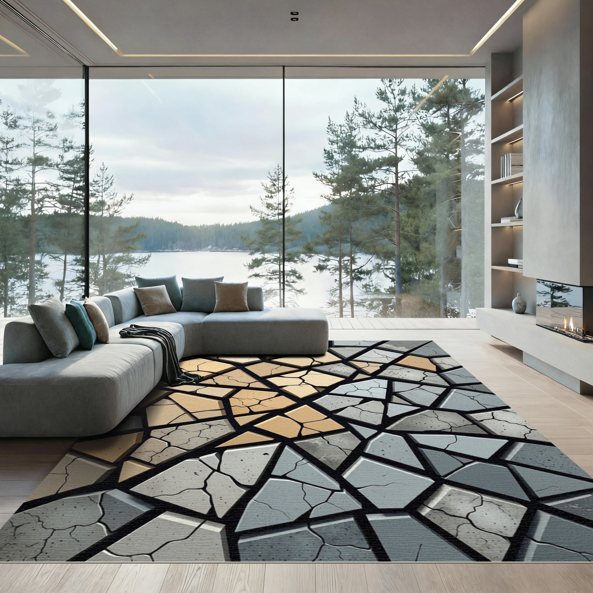 Abstract Beige and Gray Cracked Stone Rug