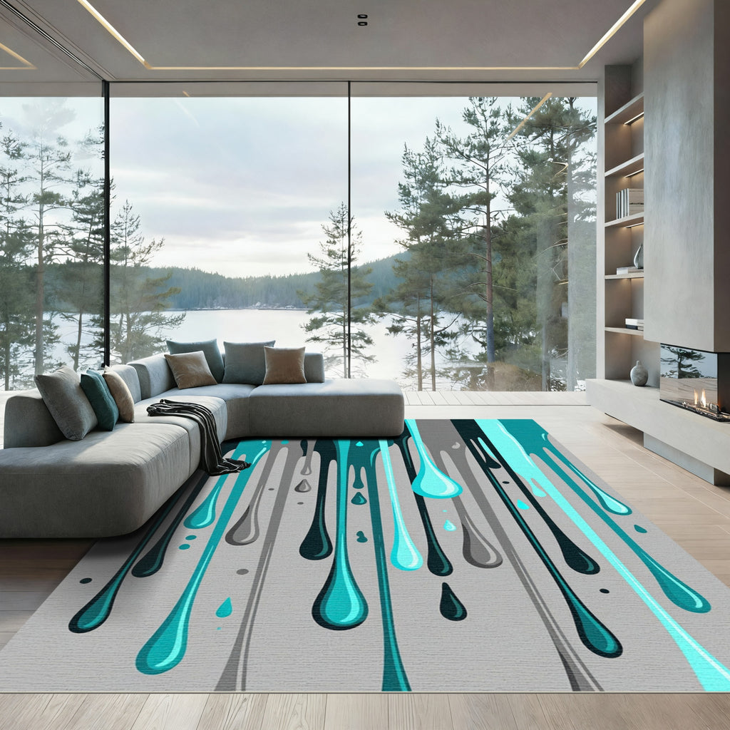 Teal Gray Drips Abstract Rug