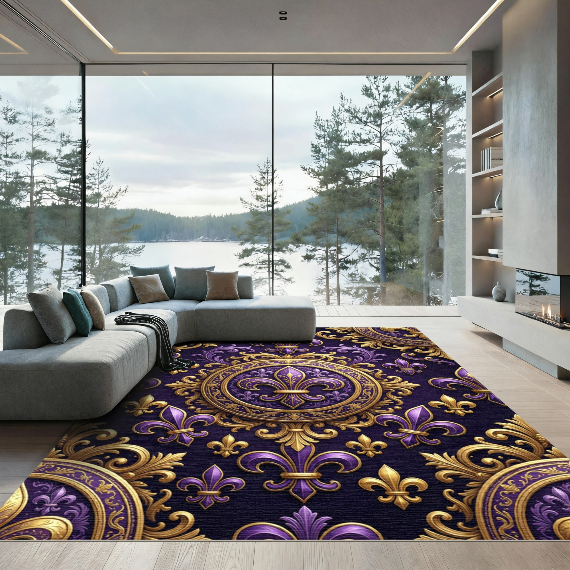 Royal Purple Golden Fleur-de-lis Damask Rug