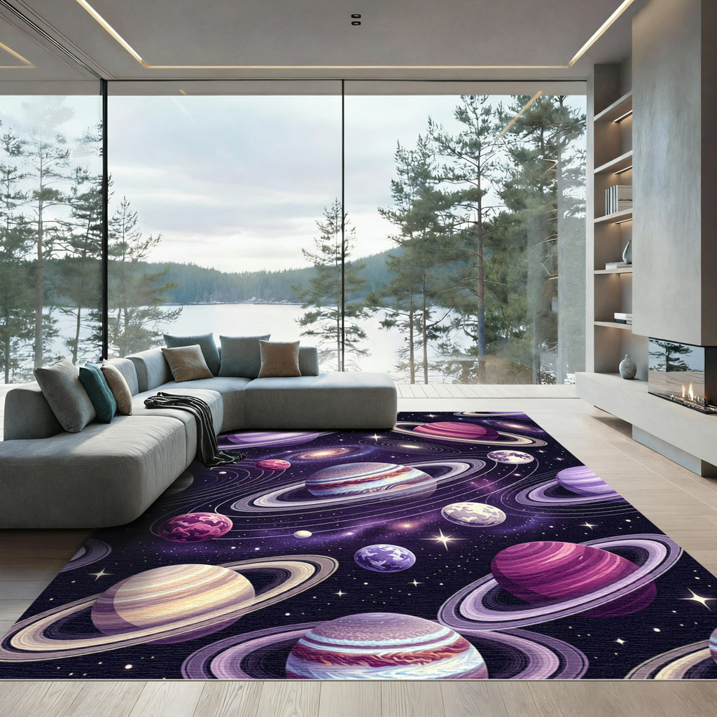 Cosmic Purple Planetary Orbit Galaxy Art Rug