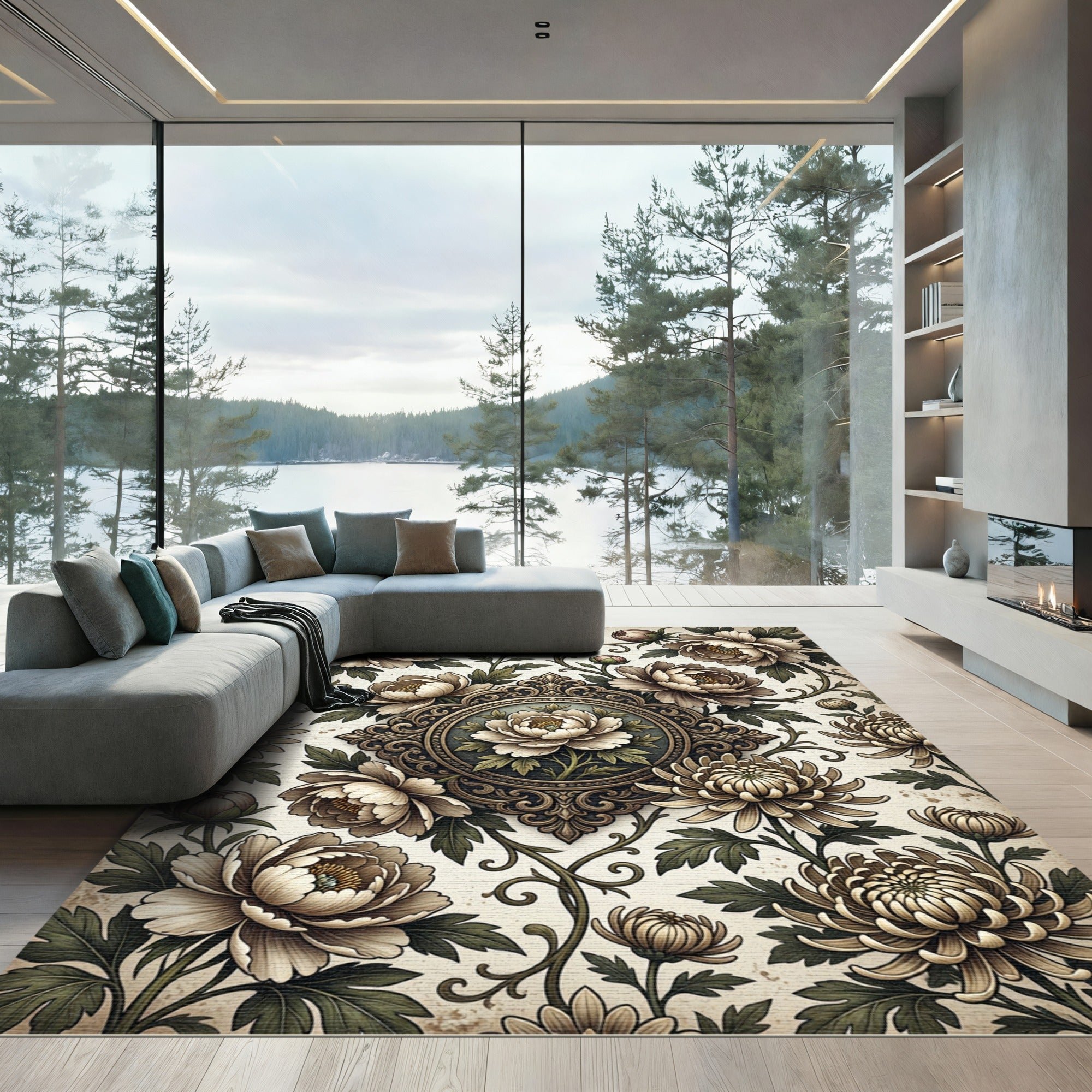Vintage Cream Peony Floral Medallion Rug