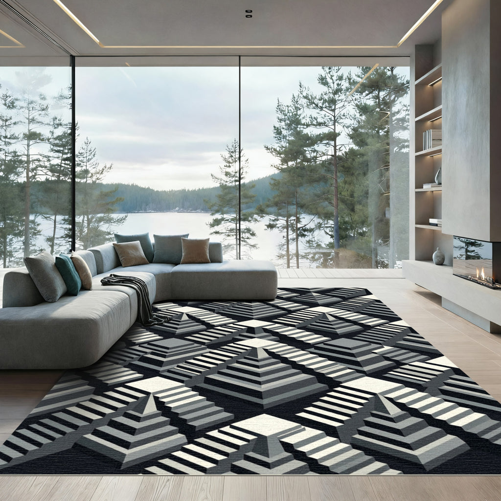 Monochrome Isometric Staircase Illusion Rug
