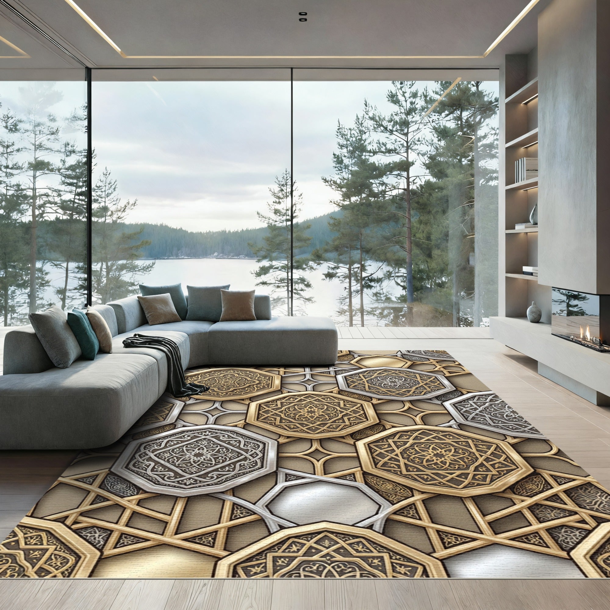 Ornate Gold Silver Geometric Octagon Rug
